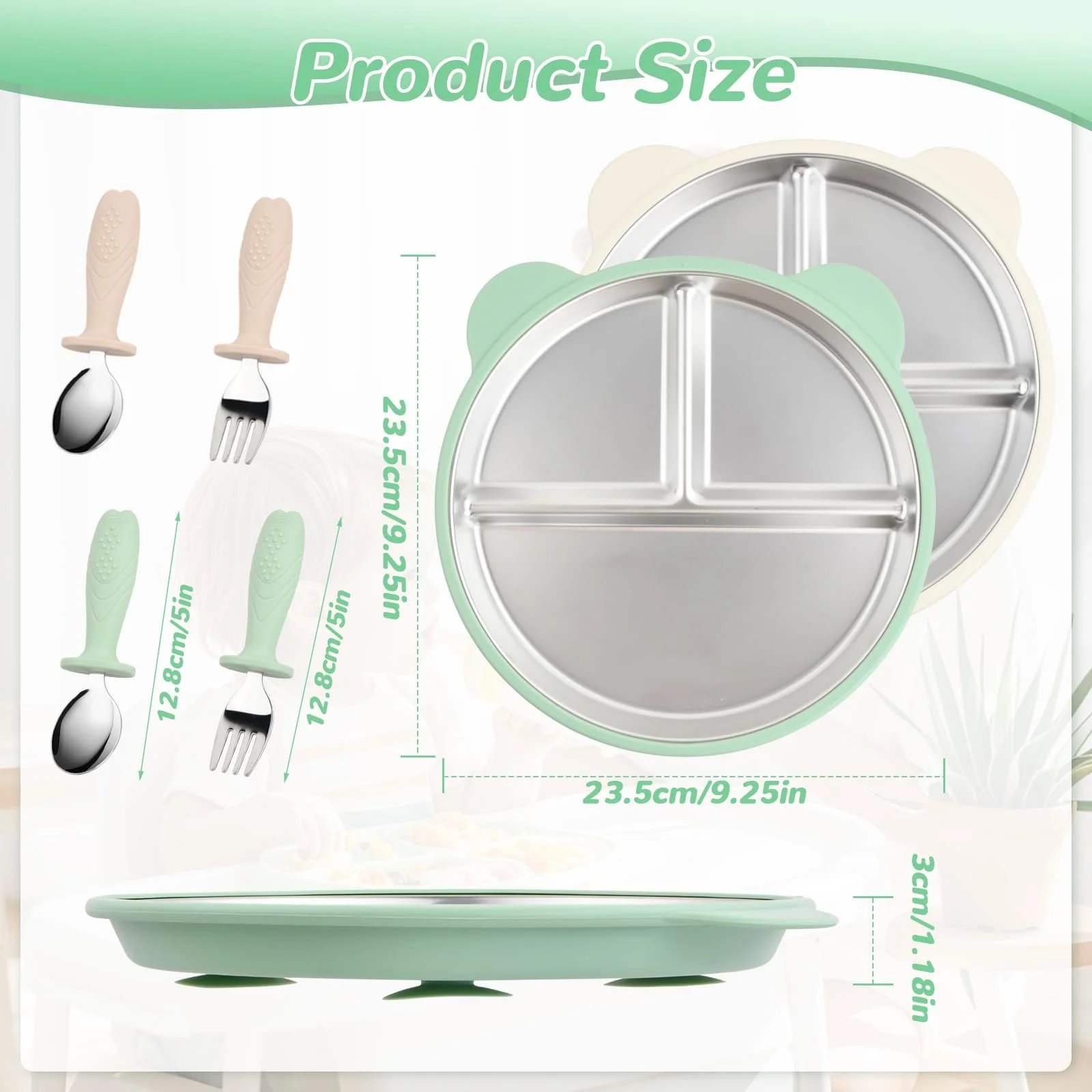 Набір дитячого посуду з нержавіючої сталі (2 шт) з присоскою, тарілки, ложки, виделки зі знімним силіконовим чохлом для дітей, фото №2 Набір дитячого посуду з нержавіючої сталі (2 шт) з присоскою, тарілки, ложки, виделки зі знімним силіконовим чохлом для дітей, фото №2