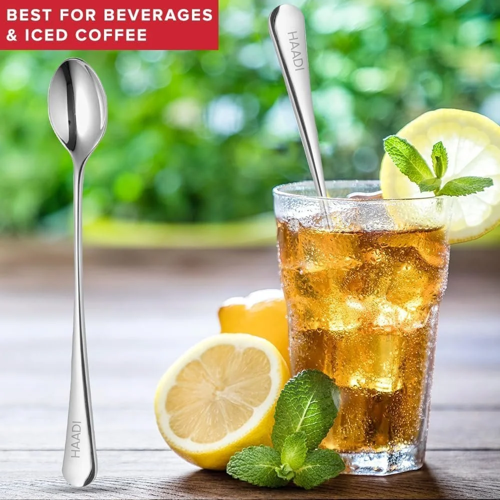 Ложка для лате набір з 4 довгими ручками з нержавіючої сталі для коктейлів, кави, еспресо, гарячих напоїв, шоколаду, десертів та морозива, фото №4