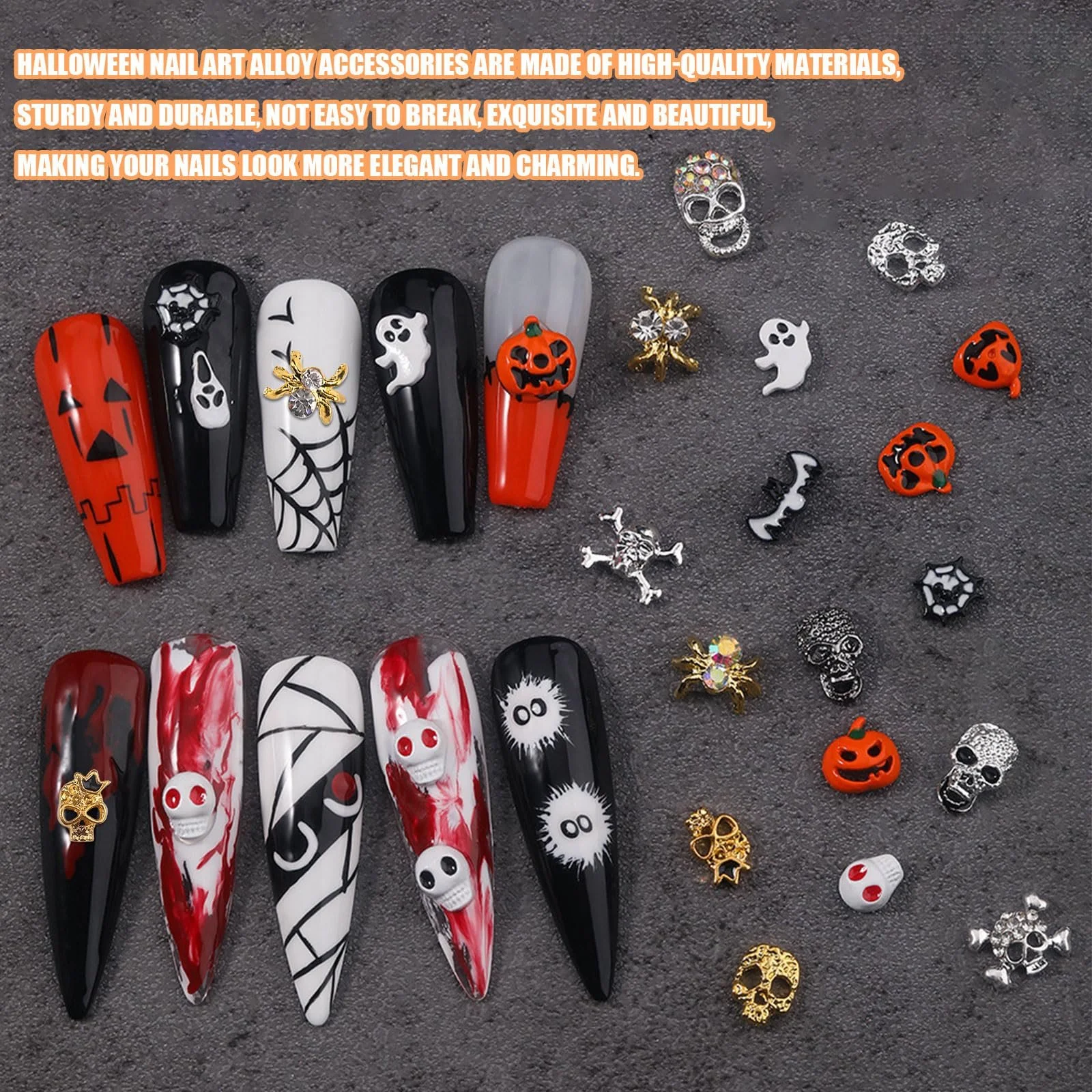 Украшения для ногтей на Хэллоуин, Голова призрака, Паук, Драгоценные камни для ногтей со стразами, Скелет, Череп, Тыква, Паутина, Летучая мышь, Ювелирные украшения для ногтей из сплава для DIY дизайна ногтей, фото №3