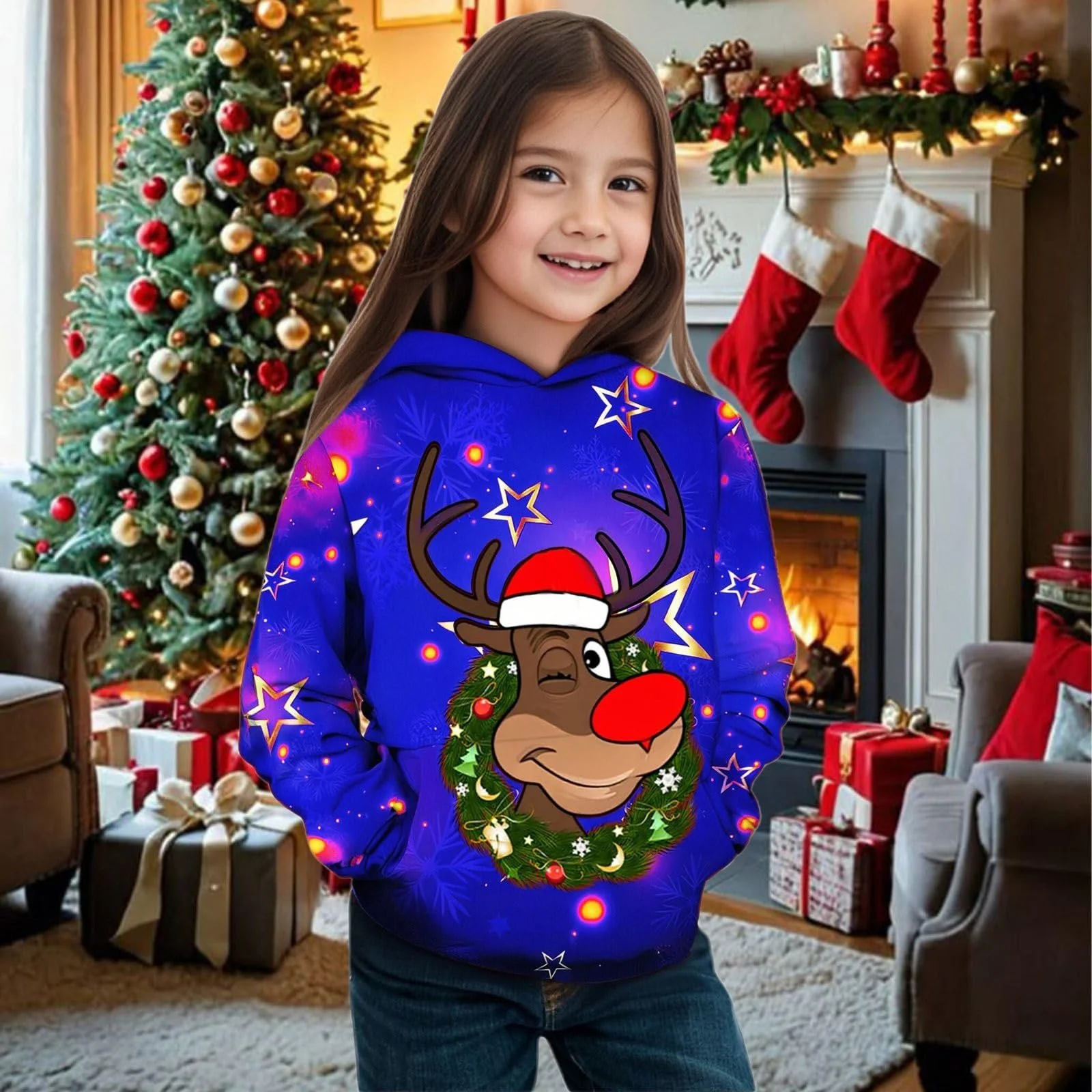Худі Різдвяне для дівчаток з принтом оленя, тепла флісова, фото №2