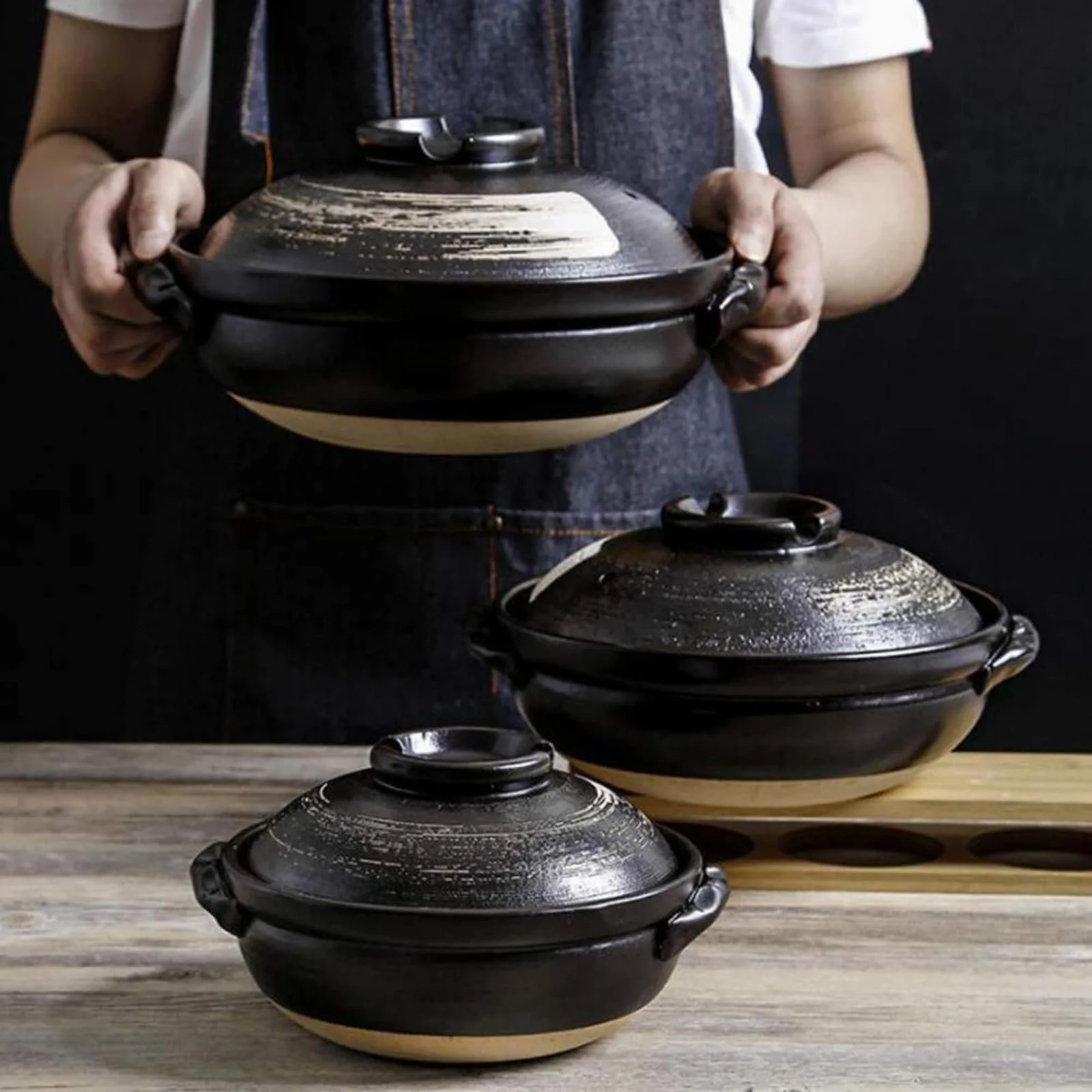 Каструля для запікання керамічна японська донабе з кришкою термостійка з пензликом, фото №4 Каструля для запікання керамічна японська донабе з кришкою термостійка з пензликом, фото №4