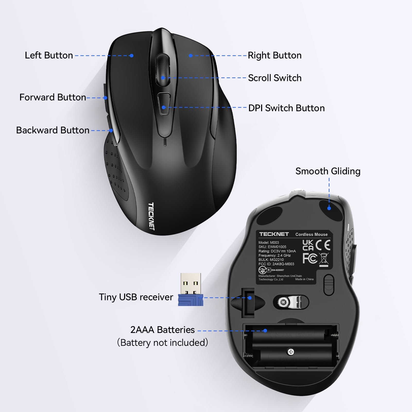 Мышь беспроводная TECKNET Silent 2.4 GHz 4000 DPI оптическая, 6 уровней DPI черный, фото №7