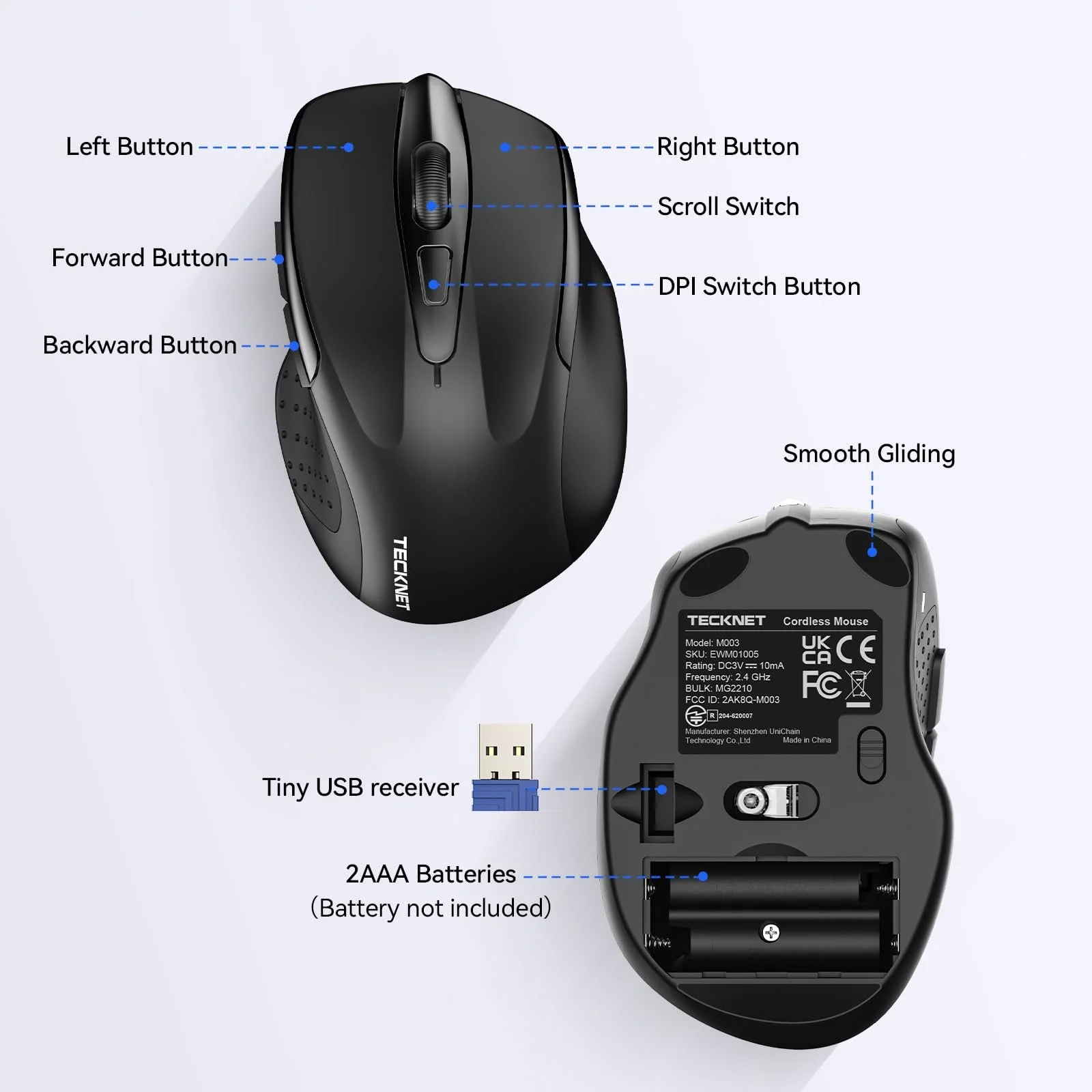 Миша бездротова TECKNET Silent 2.4 GHz 4000 DPI оптична, 6 рівнів DPI чорний, фото №7