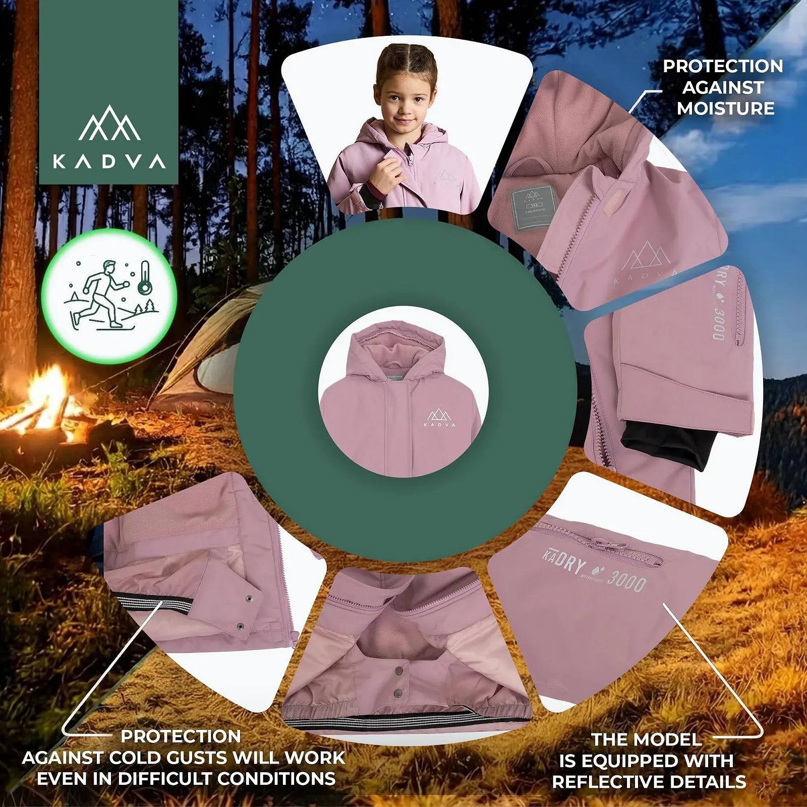 Лижна куртка KADVA SKIRO JR з капюшоном, водонепроникна, вітрозахисна, кишені на блискавці, регульовані манжети на липучках, з відбивачами, фото №3