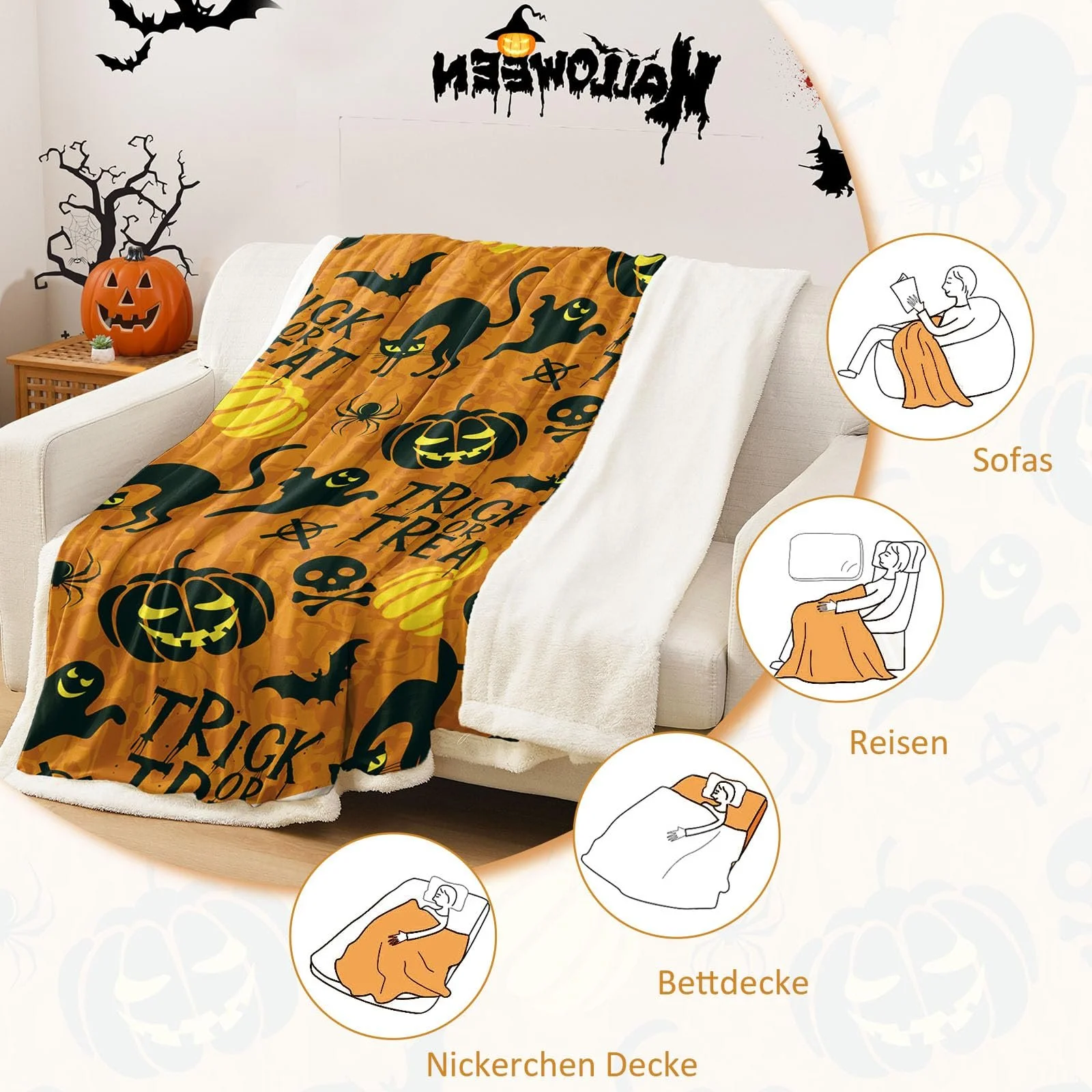 Одеяло WONGS BEDDING Halloween Тыквенная ракетка Пушистое флисовое одеяло 150 x 200 см, фото №5