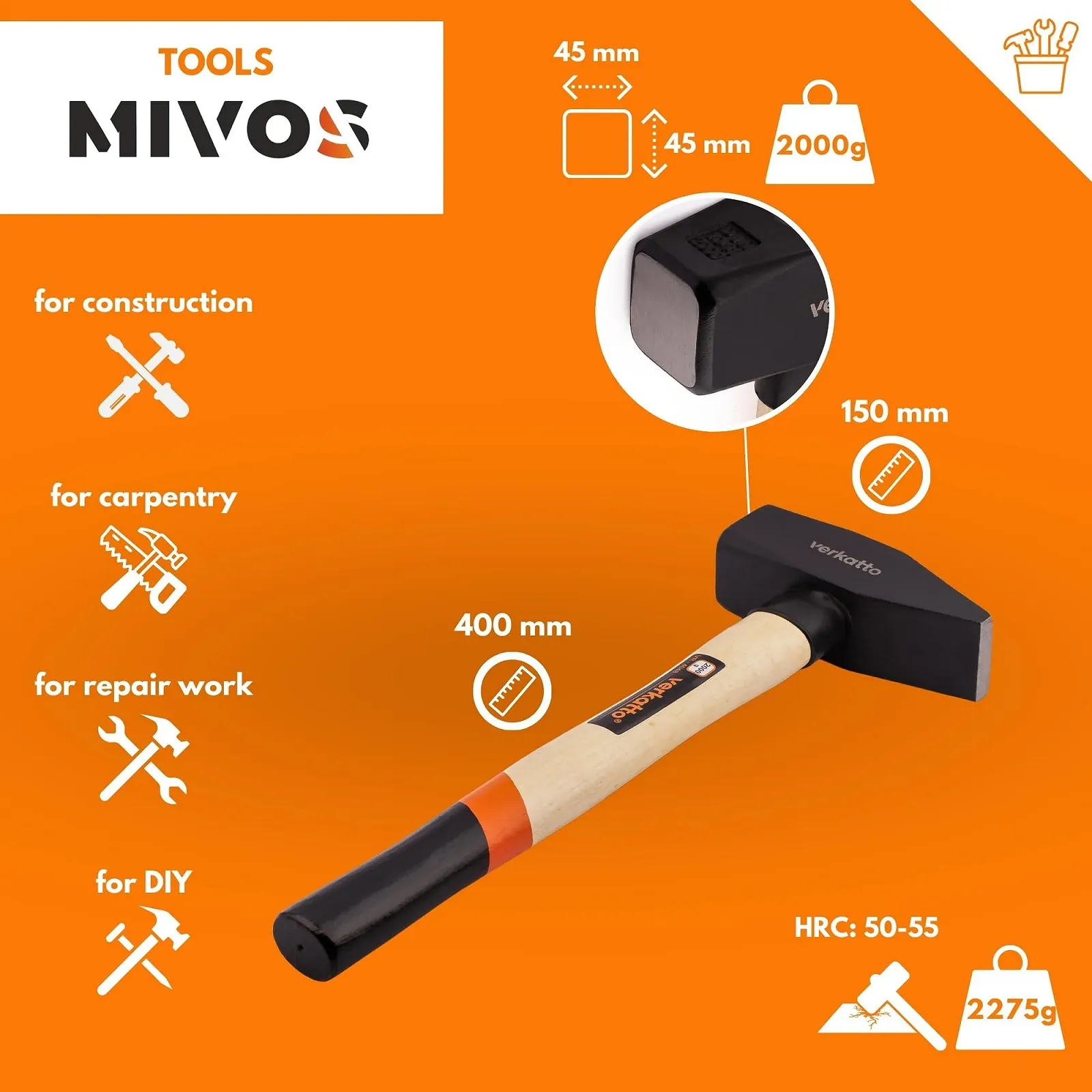 Слесарный молоток Mivos 2000 г с деревянной ручкой, кованая сталь, DIN 1041, фото №2