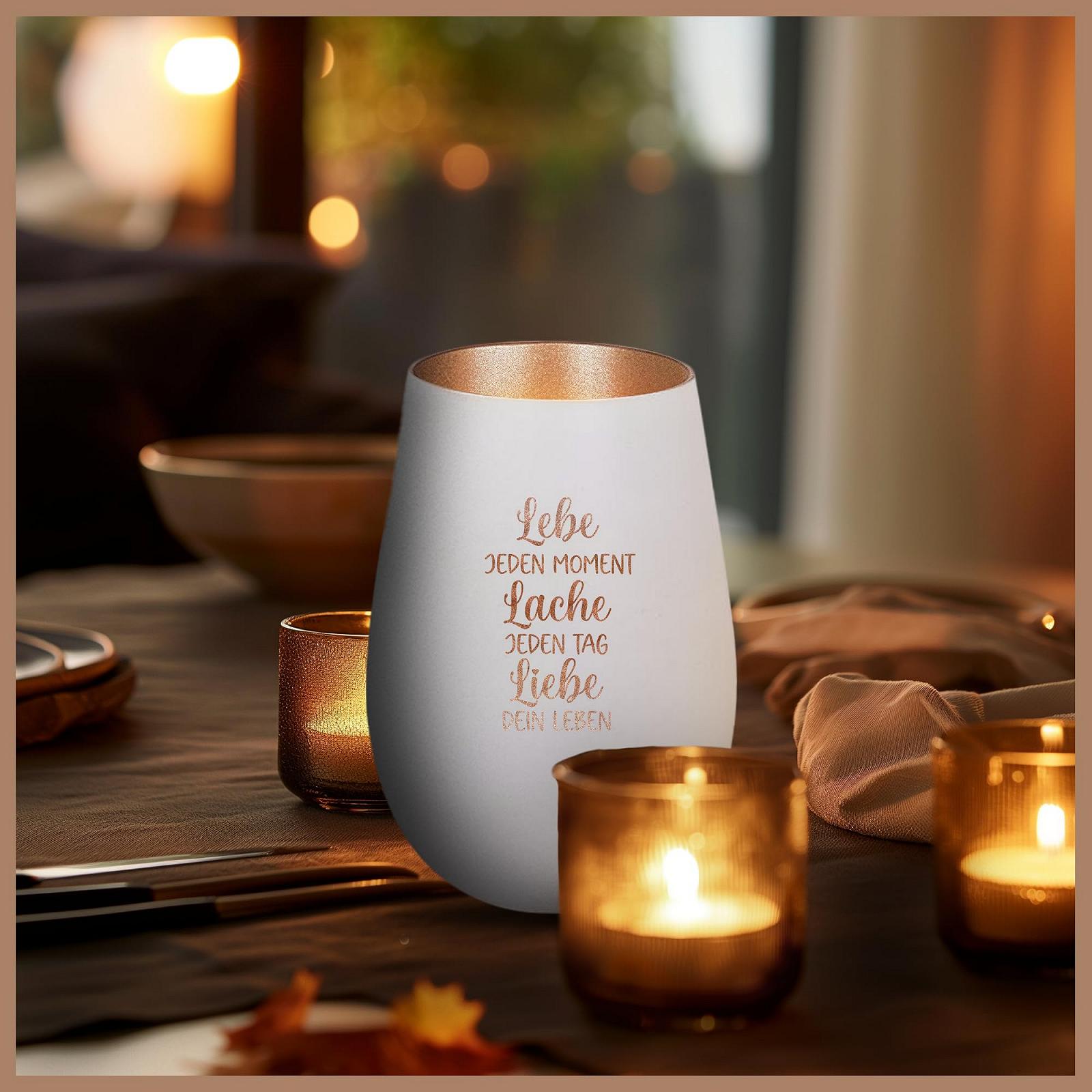 Свічник Der-Porzellan-Laden Скляний Лазерне Гравіювання Lebe jeden Moment Lache jeden Tag Білий Бронза, фото №4