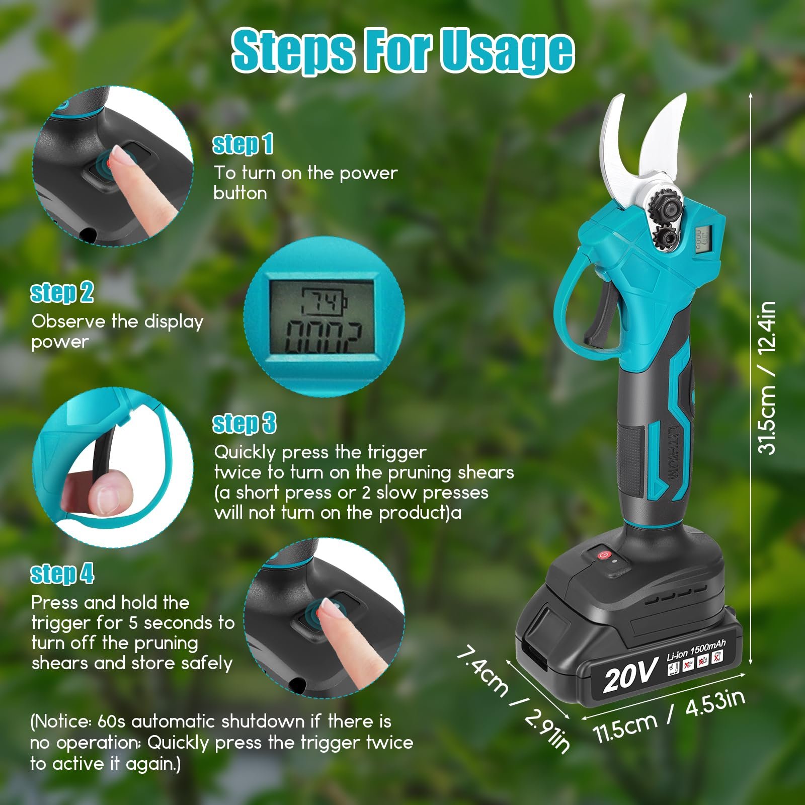 Акумуляторний секатор Professional, електричний, 2 x 20 V 1500 mAh батареї, РК-дисплей, безщітковий двигун, макс. 30 мм діаметр різання, леза SK5, фото №6