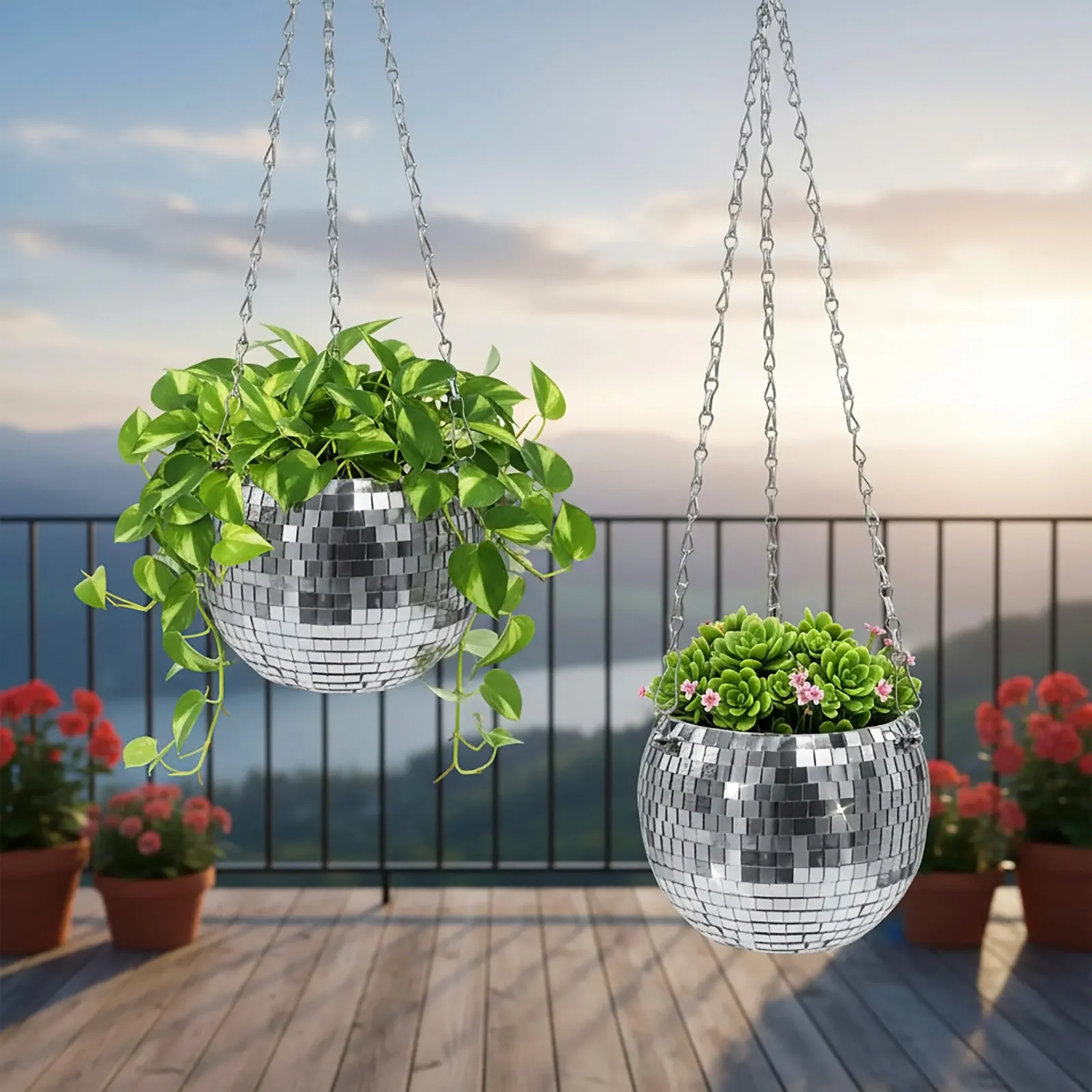 Підвісні горщики Диско-куля Набір з 2 шт 15 см Сріблястий, фото №7 Підвісні горщики Диско-куля Набір з 2 шт 15 см Сріблястий, фото №7