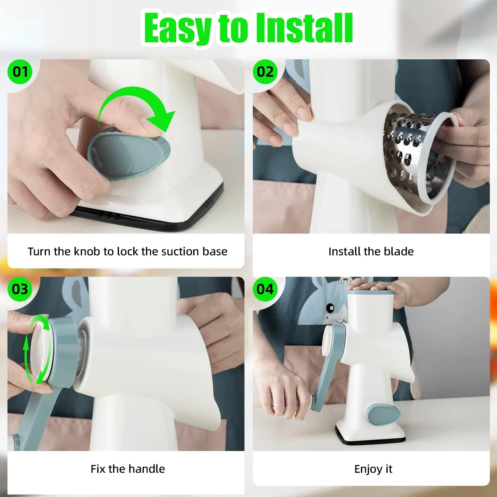 Ручна овочерізка роторна з 3 змінними лезами для нарізки скибочками, кубиками та жульєном, ідеально підходить для овочів, фруктів, фото №6 Ручна овочерізка роторна з 3 змінними лезами для нарізки скибочками, кубиками та жульєном, ідеально підходить для овочів, фруктів, фото №6