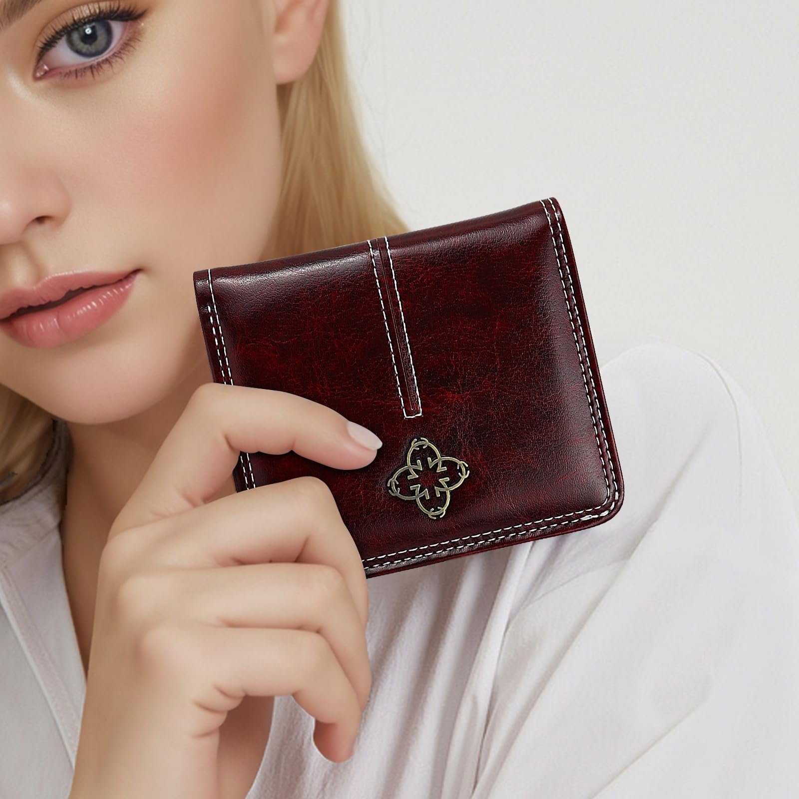 Кошелек AdiStylinno Маленький PU Кожаный Цветочный Bifold Slim Mini Ретро Картхолдер Отделение для монет Окно для ID 6 слотов для карт, винно-красный, ретро, фото №7