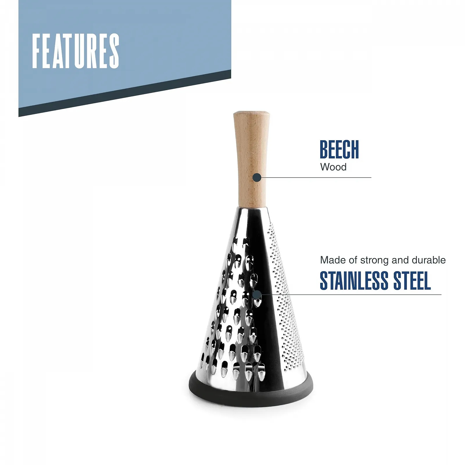 Терка конічна Lacor 61366, нержавіюча сталь, ручка з бука, три типи сіток, нековзна основа, фото №3