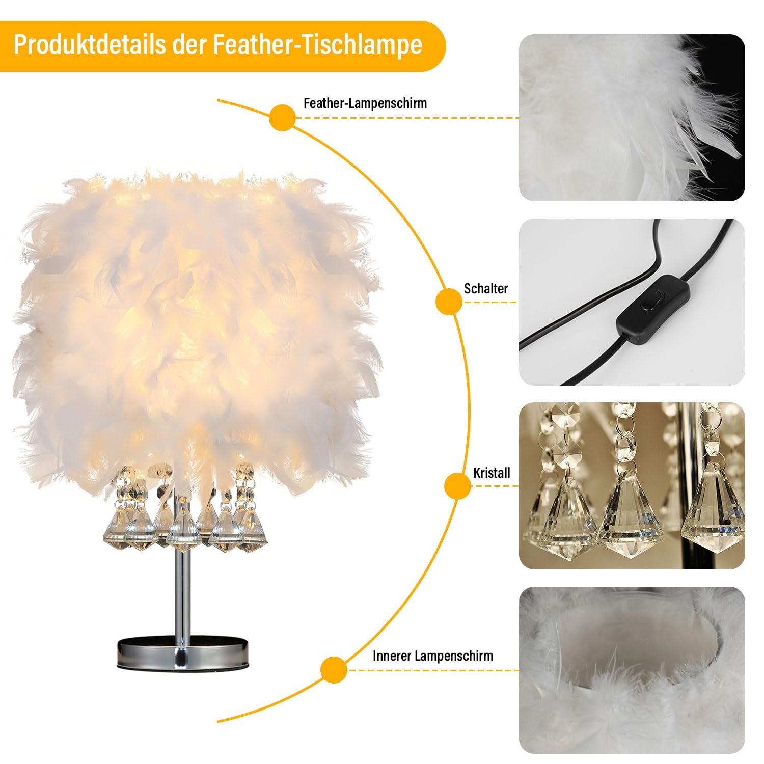 Настольная лампа Перовая Винтажная 3-цветная с лампой Белая, фото №7