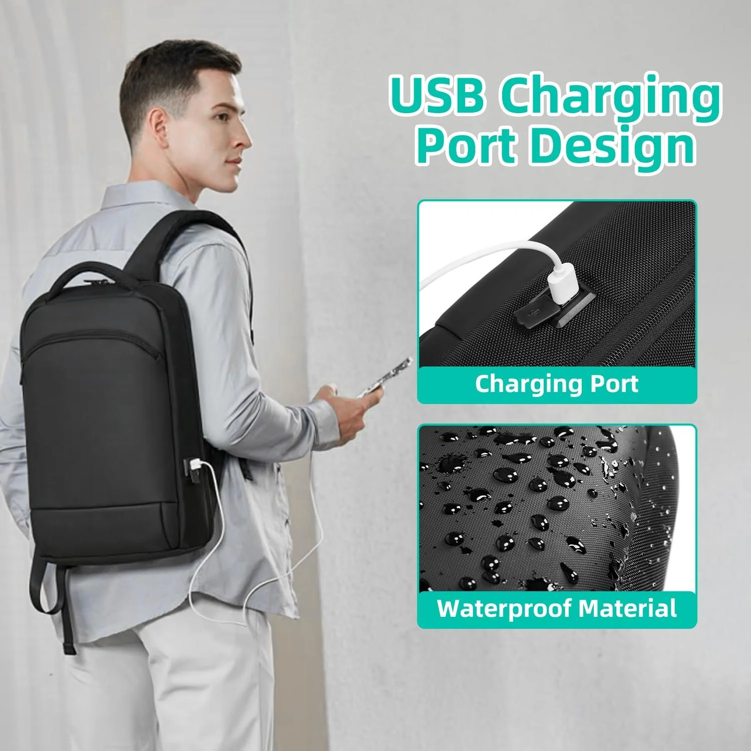 Рюкзак для ноутбука бизнес мужской 15.6 дюймов водонепроницаемый с USB-портом Черный, фото №7 Рюкзак для ноутбука бизнес мужской 15.6 дюймов водонепроницаемый с USB-портом Черный, фото №7