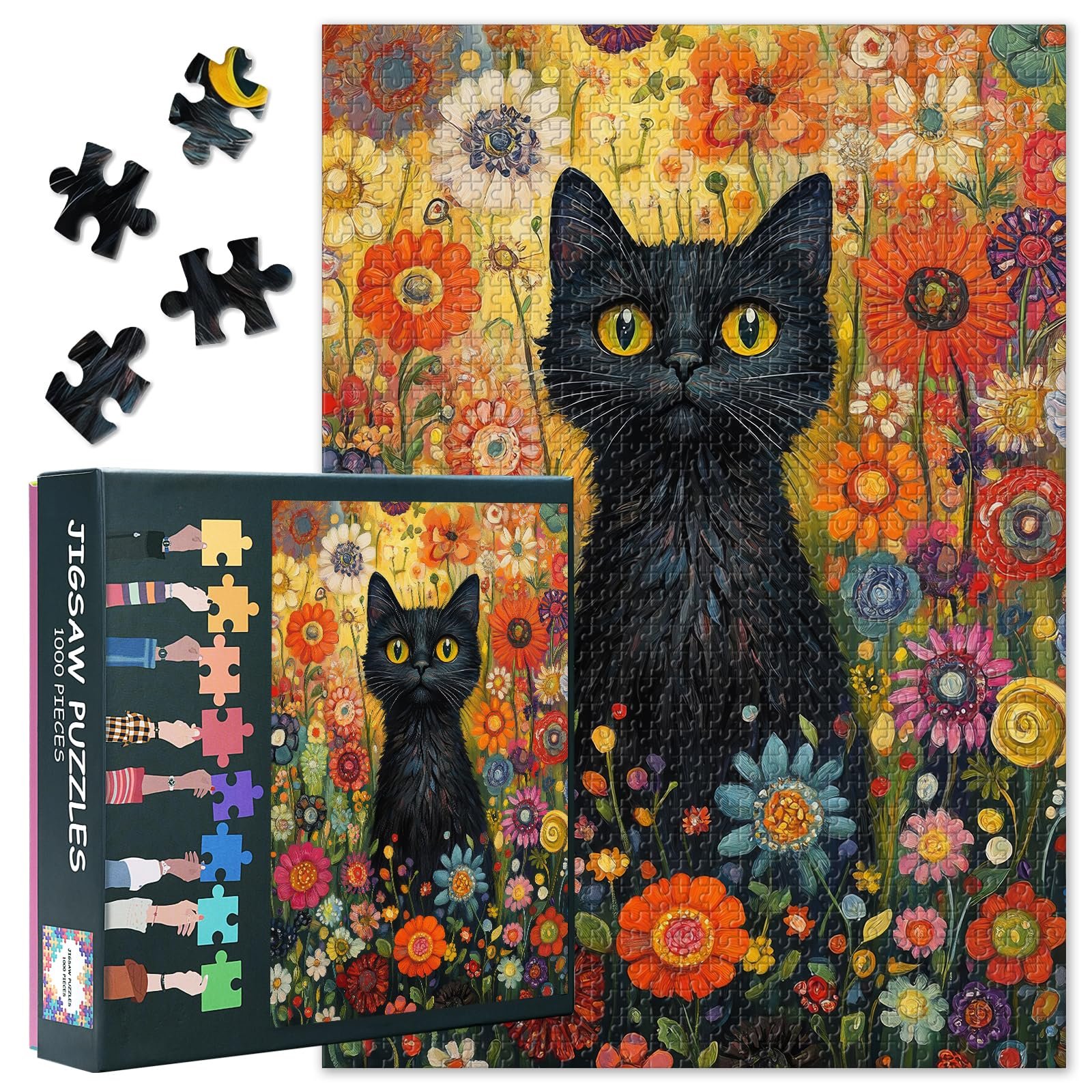 Пазл Чорний кіт у кольорових квітах 1000 деталей 50.5 x 70.5 cm, фото №1