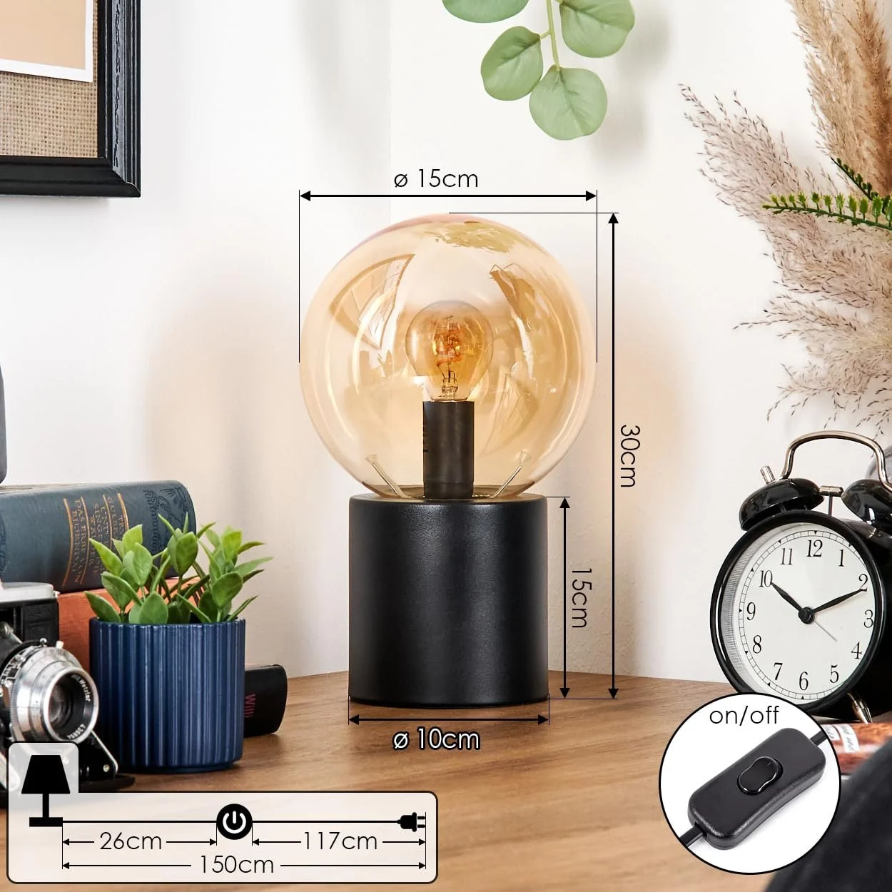 Настільна лампа HOFSTEIN Gastor метал / скло Чорний/Бурштиновий 15 см E14, фото №4