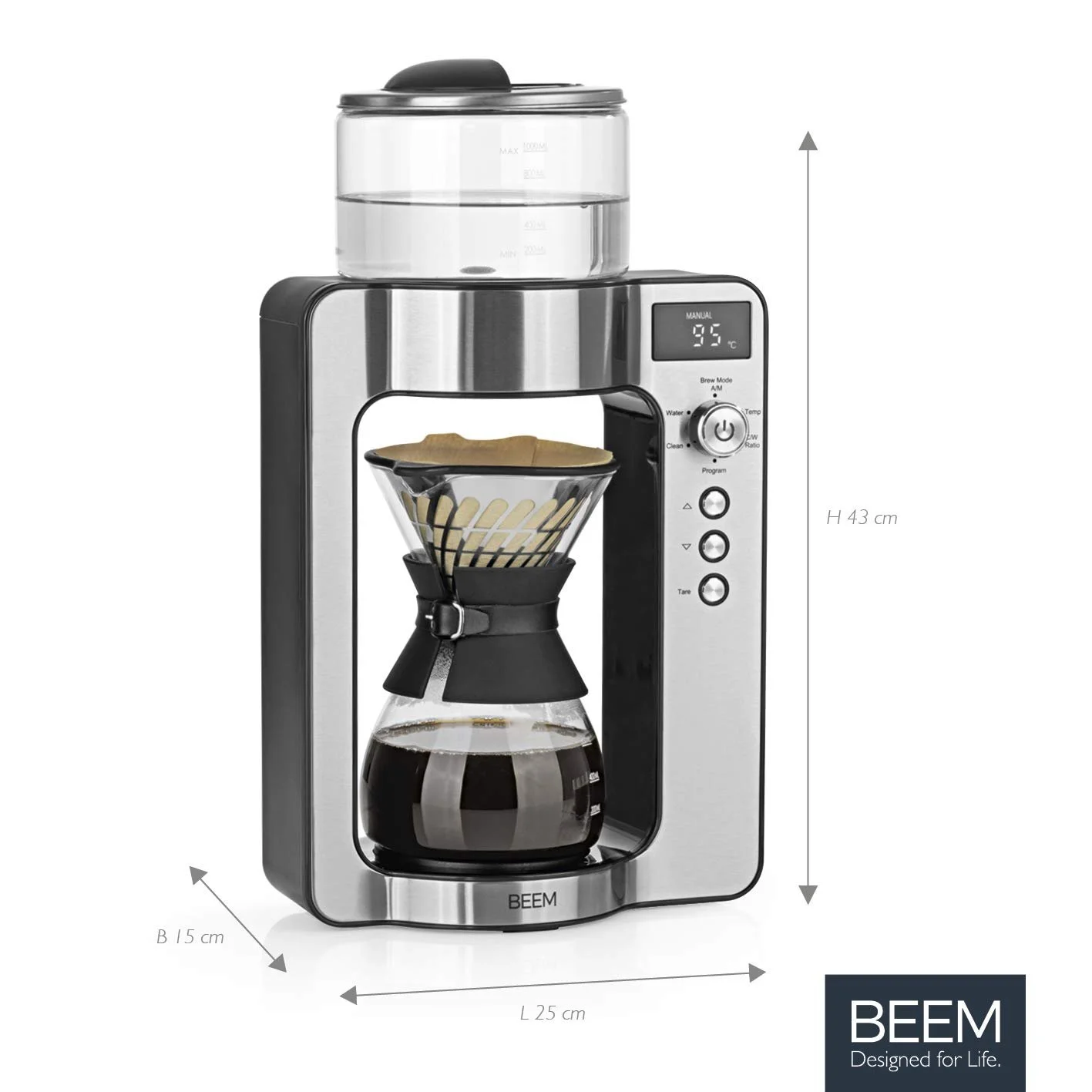 Капельная кофеварка BEEM Basic Selection 3597 POUR OVER Нержавеющая сталь Стеклянный кувшин 0.75 л Вращающаяся головка Черный Серебристый, фото №2