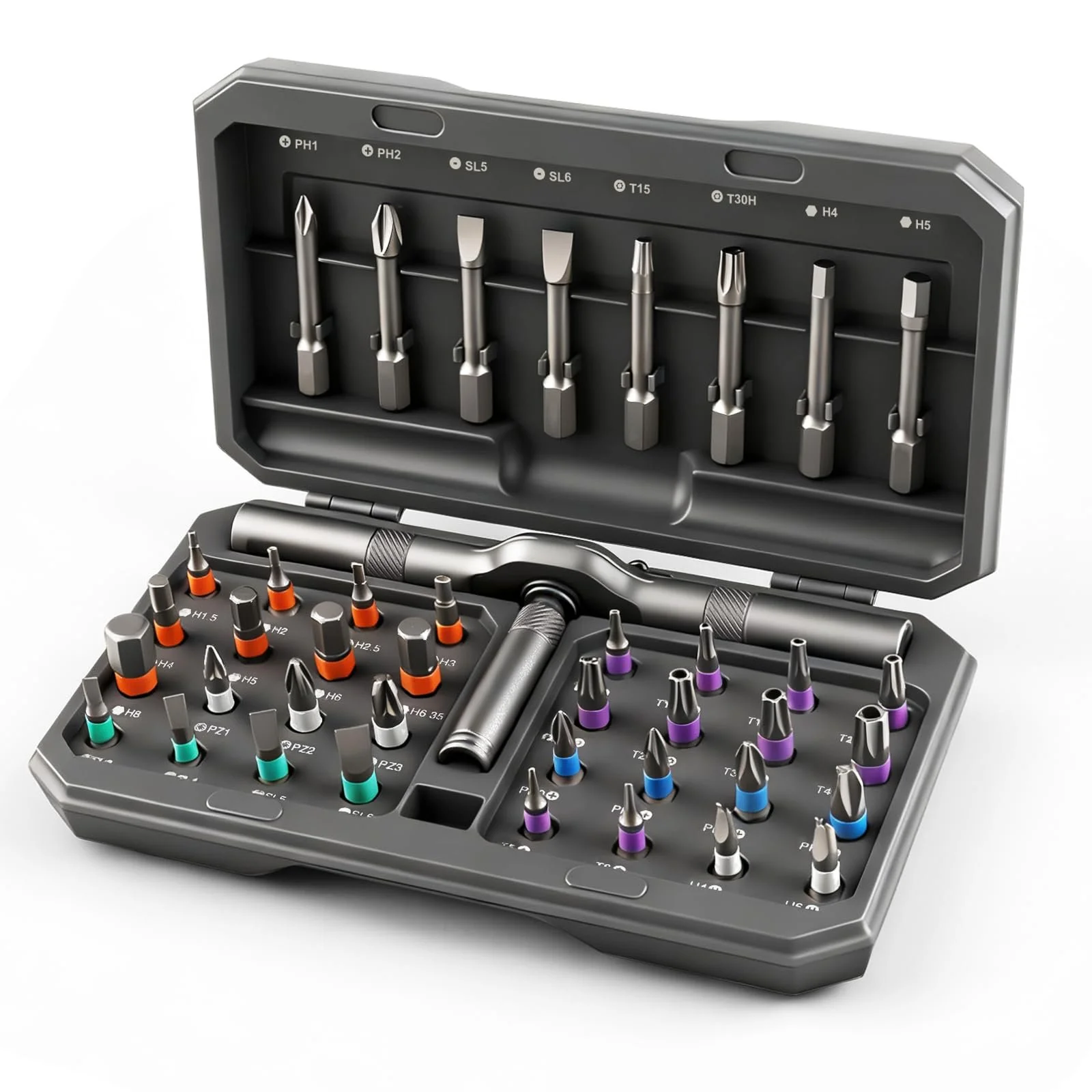 Набір реверсивних викруток 42-в-1 з міні-тріскачкою та магнітним тримачем CRV 42 деталі, фото №1