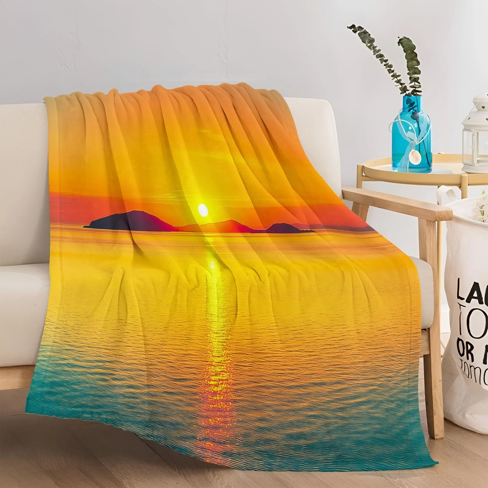 Одеяло Halloween Флисовое Оранжевый Цвет С принтом Закат Побережье Острова 200 x 220 см, фото №2