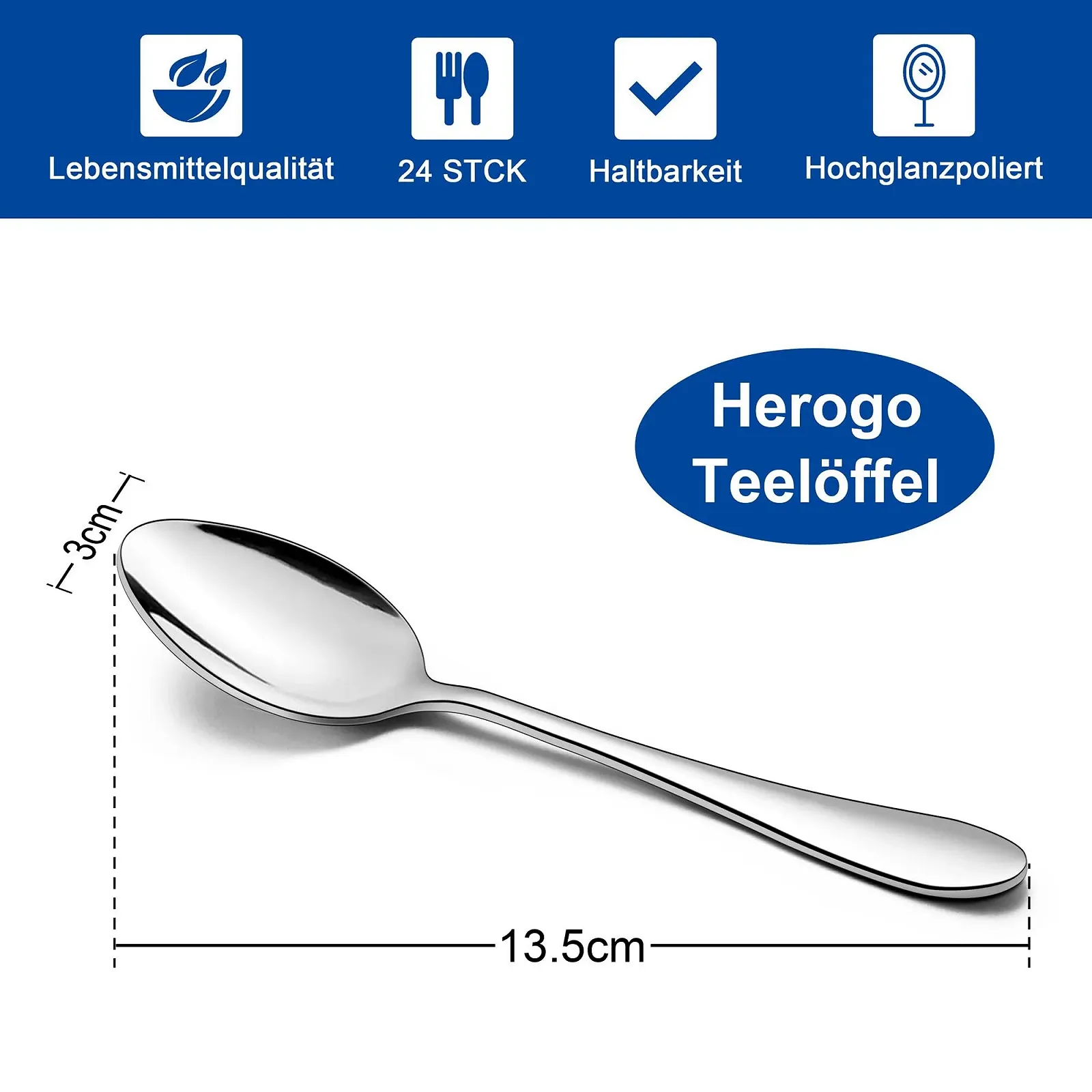 Ложка чайна Herogo набір 24 шт, 13.5 см, з нержавіючої сталі, полірована, фото №2