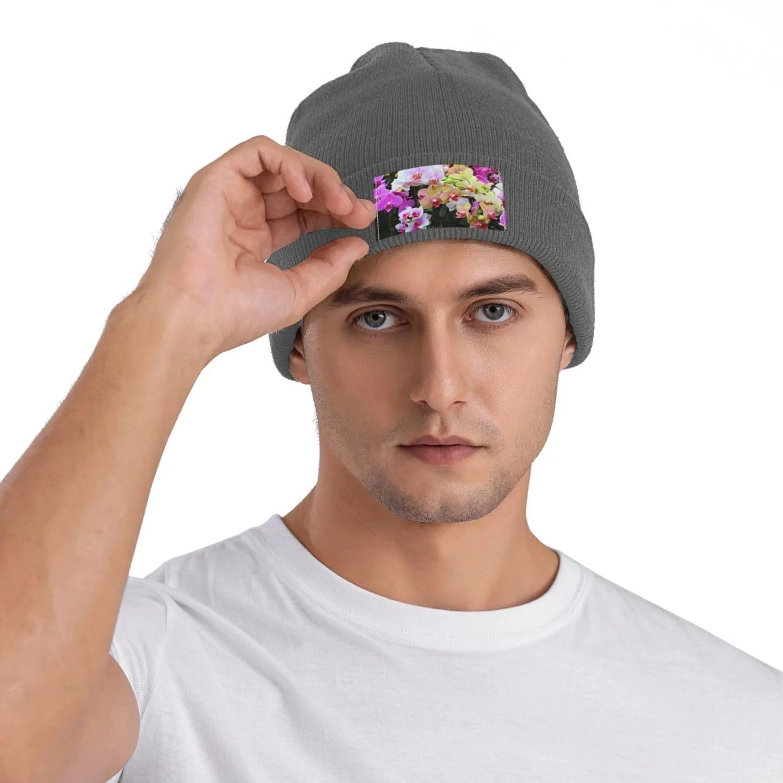 В'язана шапка з принтом орхідей YYHHAOFA, чорна, тепла, м'яка, фото №6