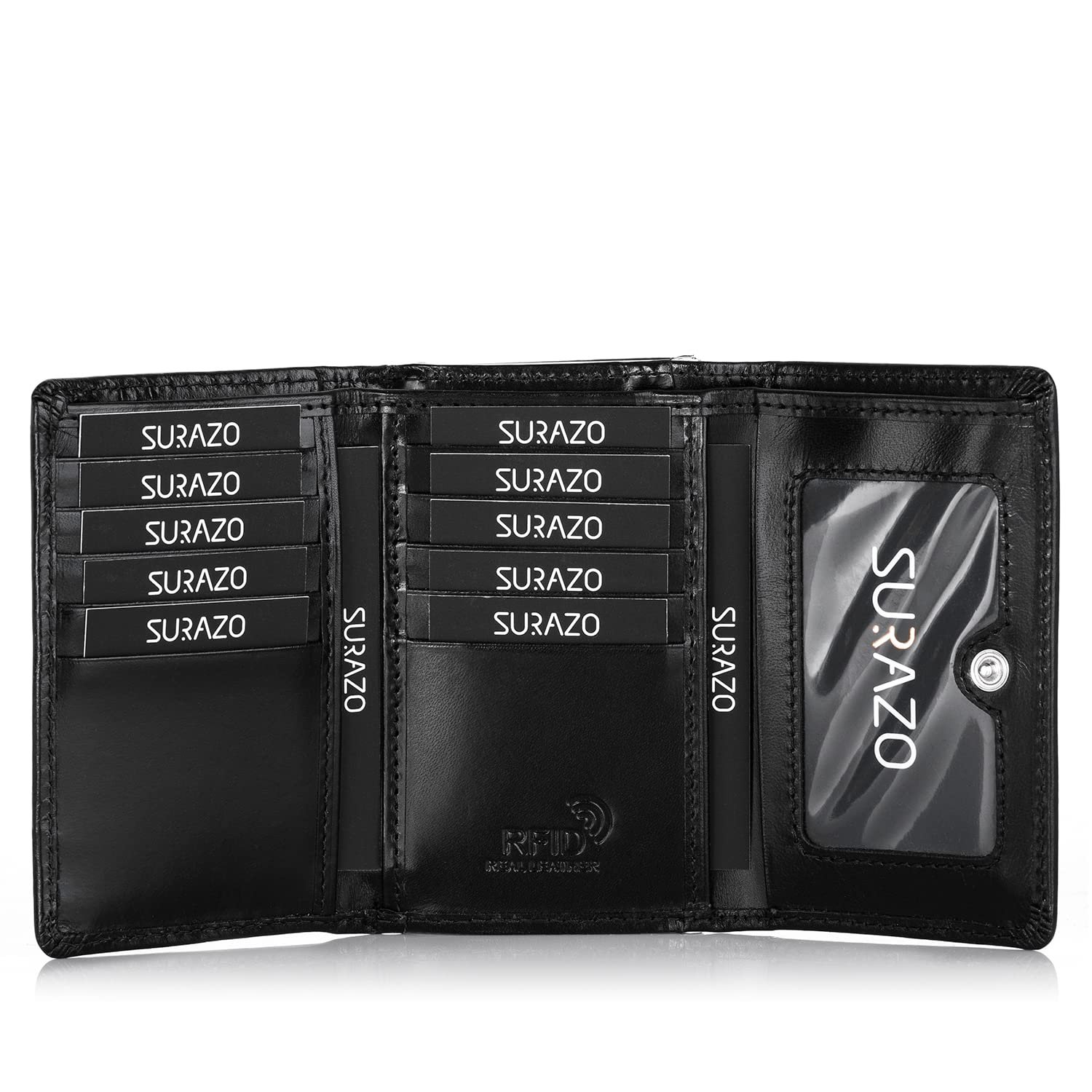 Кошелек Женский Кожаный SURAZO® Маленький Много Отделений 12 Отделений для Карт RFID Защита Отделение для Монет Черный Классический, фото №3