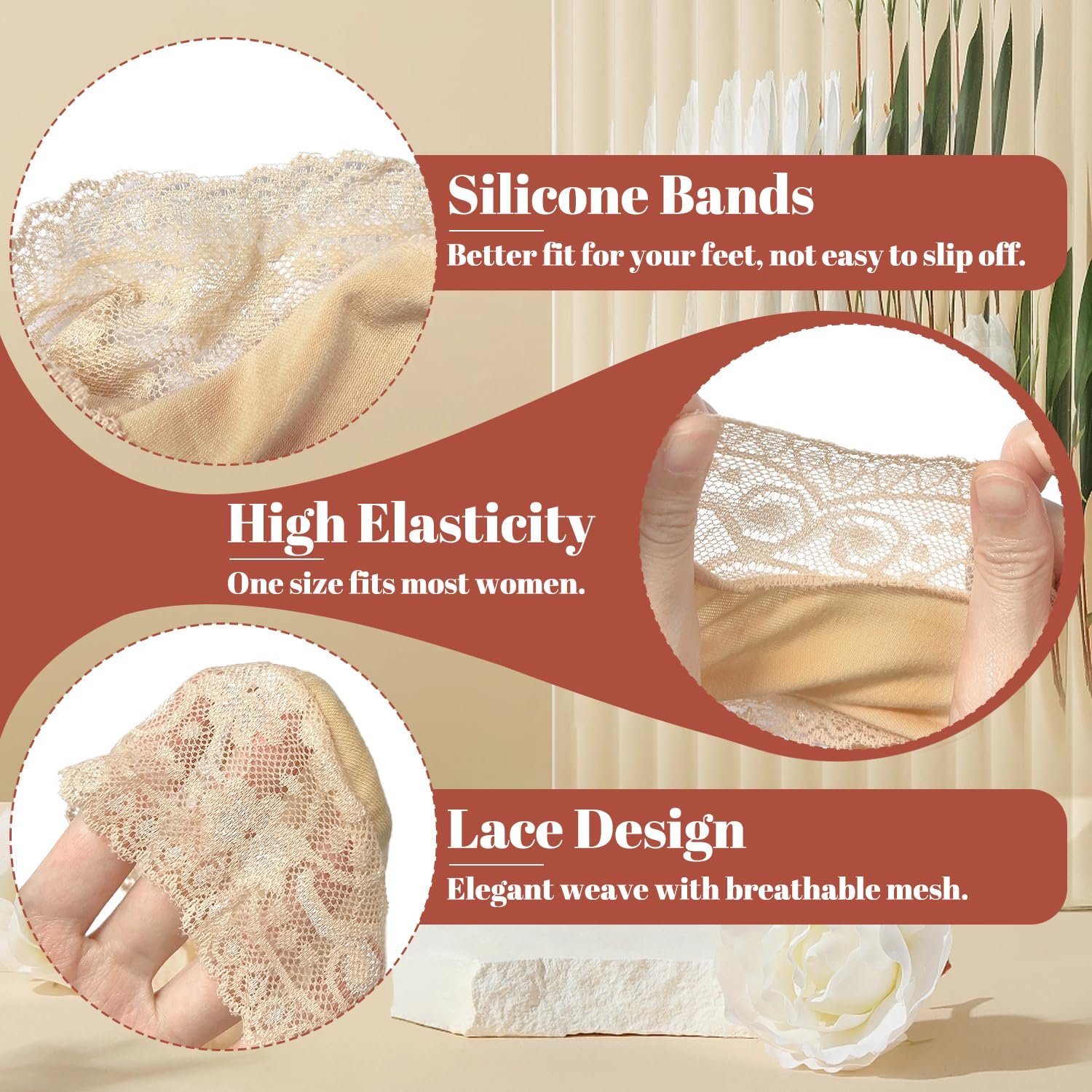 Женские носки-невидимки Кружевные 6 пар - Нескользящие низкие с силиконовым захватом для мокасин / балеток / кроссовок / туфель (Натуральный), фото №3