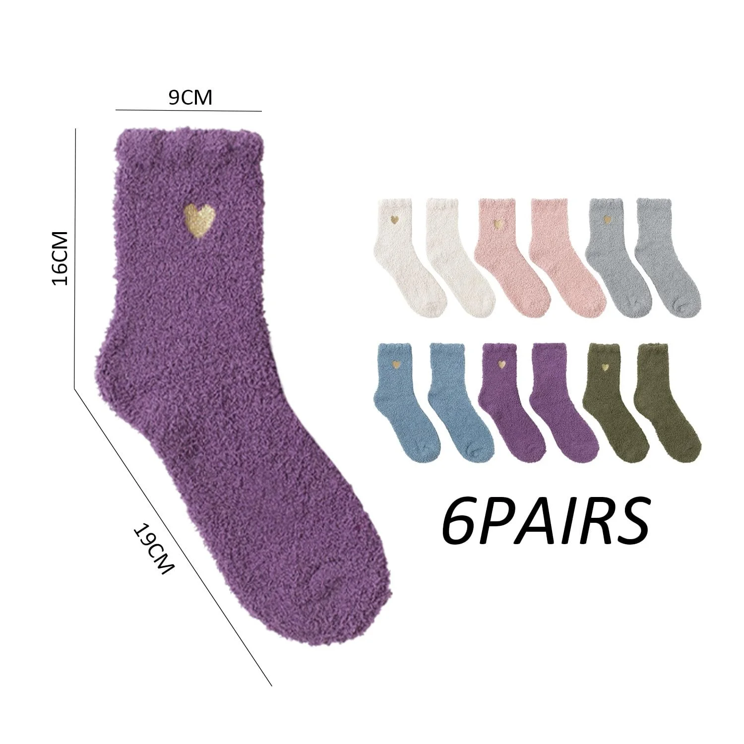 Плюшеві шкарпетки, 6 пар, з вишивкою Love, багатоколірні, фото №2