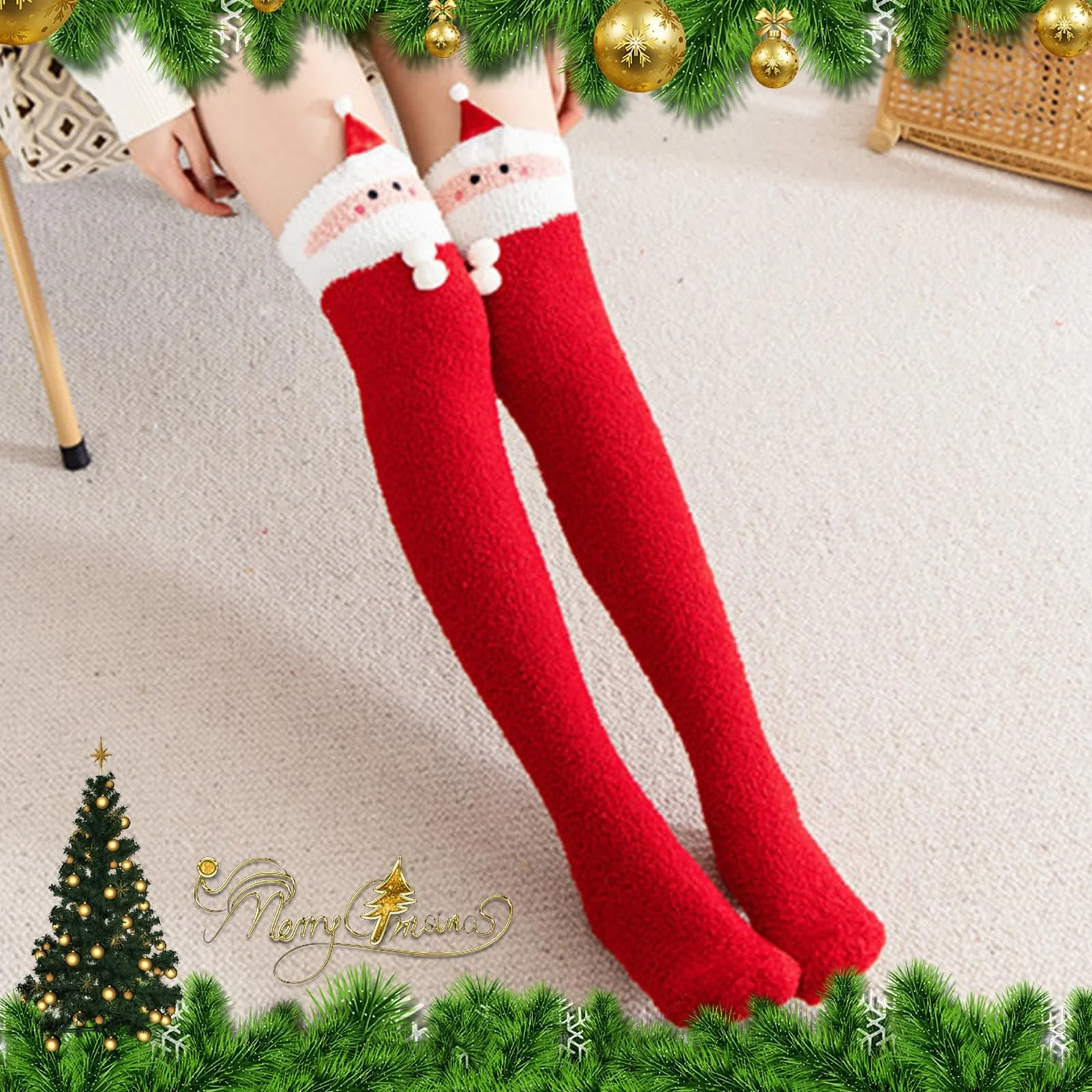 2 пары рождественских чулок выше колена Santa Warmer Winter Knee Socks Women Christmas Knee Socks Christmas Ladies Coral Fleece Long Knee Socks for Women Girls Xmas Winter Gifts, красный / желтый, фото №5