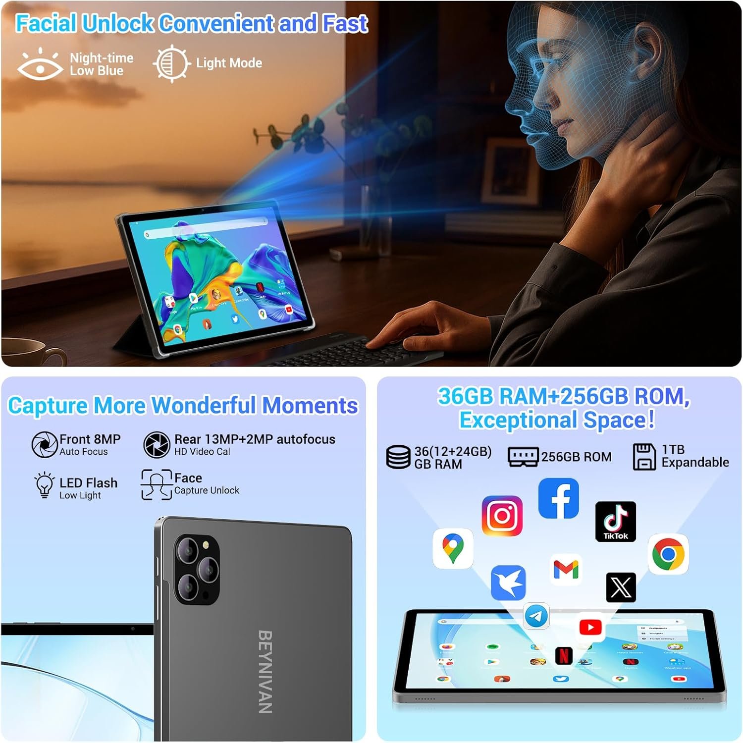 Планшет 11'' Full HD BEYNIVAN M148 12+24/256 ГБ 8 ядер Android 15 8000 мАч Серый, фото №3