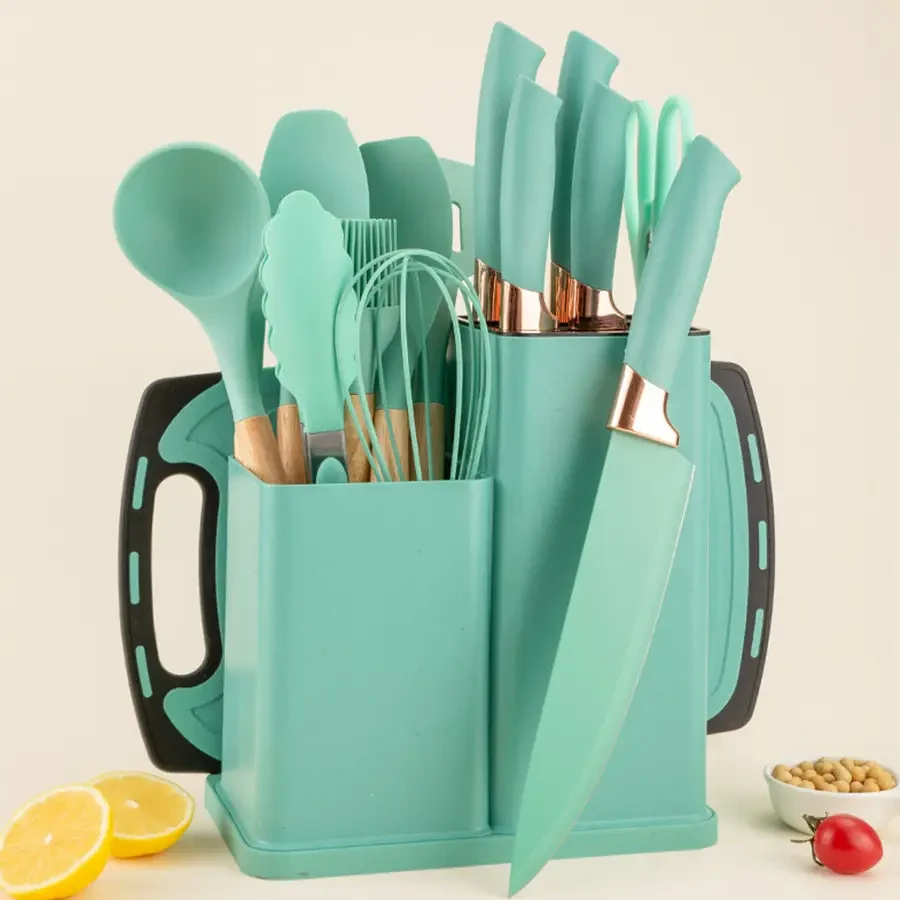 Кухонные принадлежности на подставке 19 штук аксессуары из силикона с бамбуковой ручкой Бирюзовый, фото №1 Кухонные принадлежности на подставке 19 штук аксессуары из силикона с бамбуковой ручкой Бирюзовый, фото №1