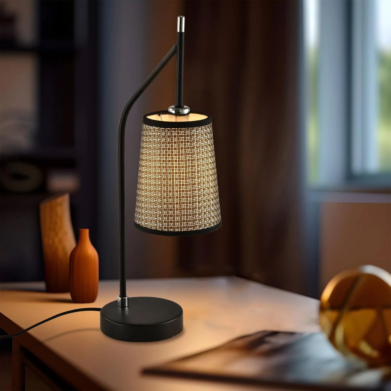 Настільна лампа LQWELL Retro Vintage E14 метал бежева тканинна кришка чорна з золотом, фото №7