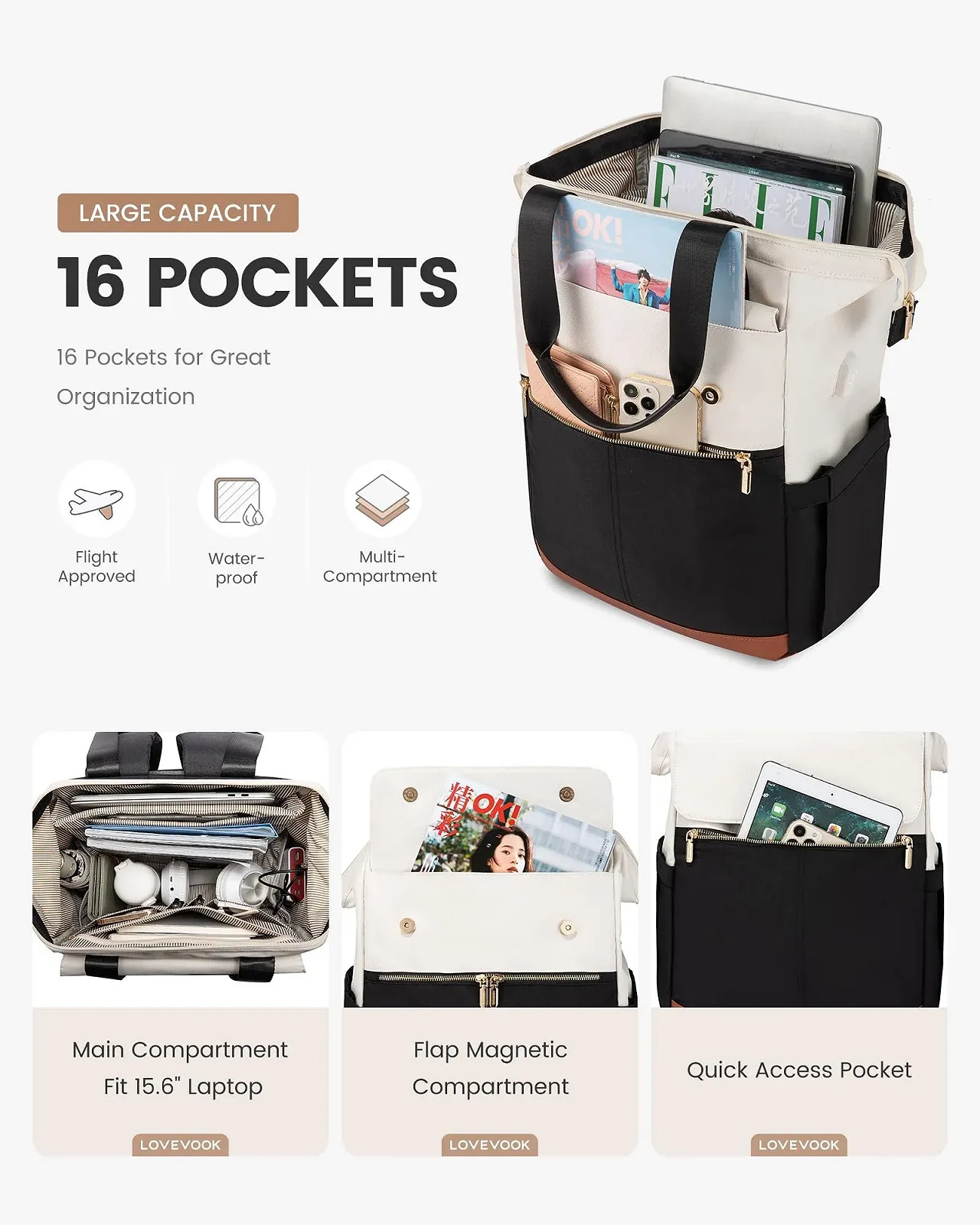 Рюкзак LOVEVOOK 17.3" Waterproof Beige & Black, фото №4 Рюкзак LOVEVOOK 17.3" Waterproof Beige & Black, фото №4