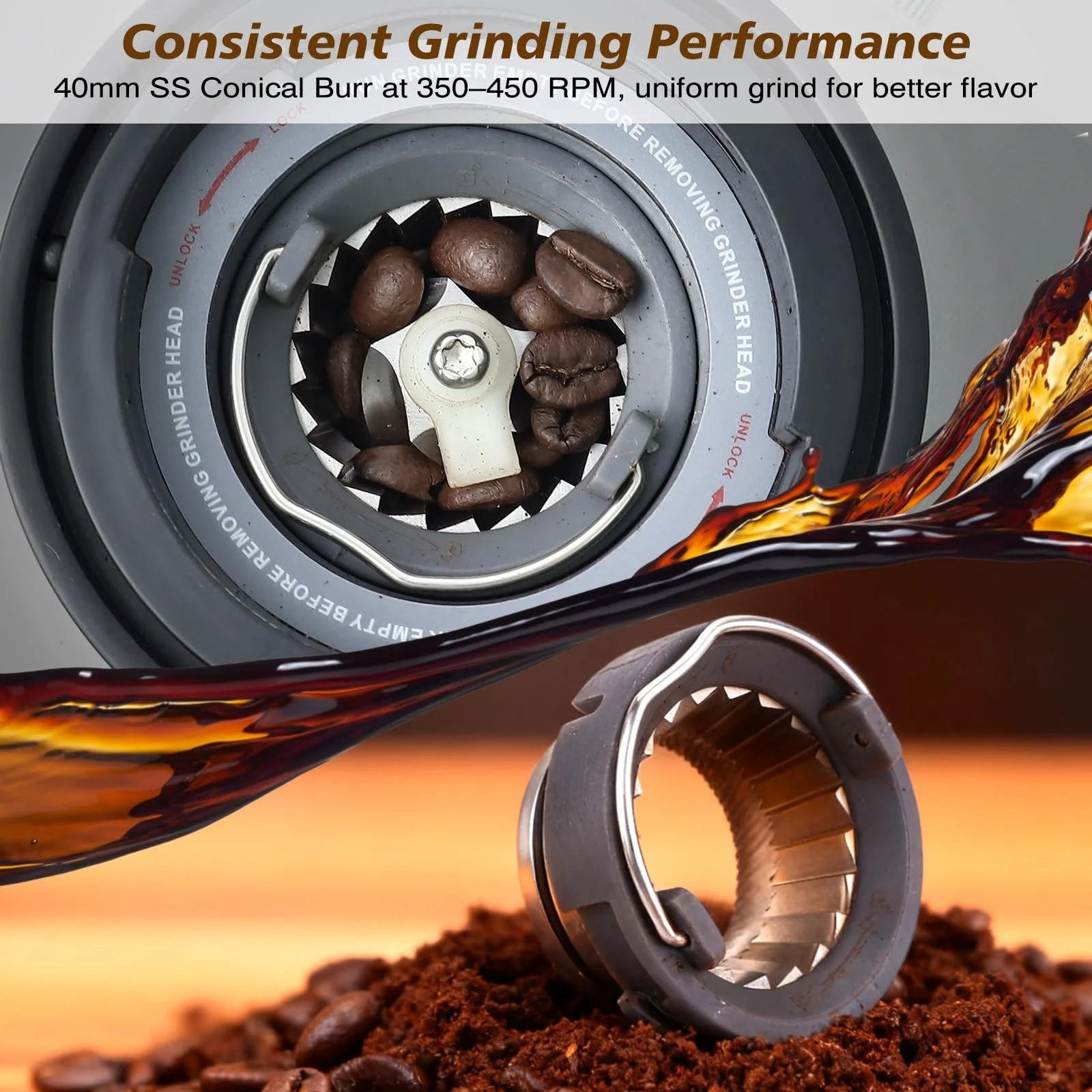 Кофемолка Homtone Электрическая из нержавеющей стали для портафильтра, с LCD экраном, 31 уровень помола, Коническая , для эспрессо/фильтр-кофе/заваривания кофе, фото №8