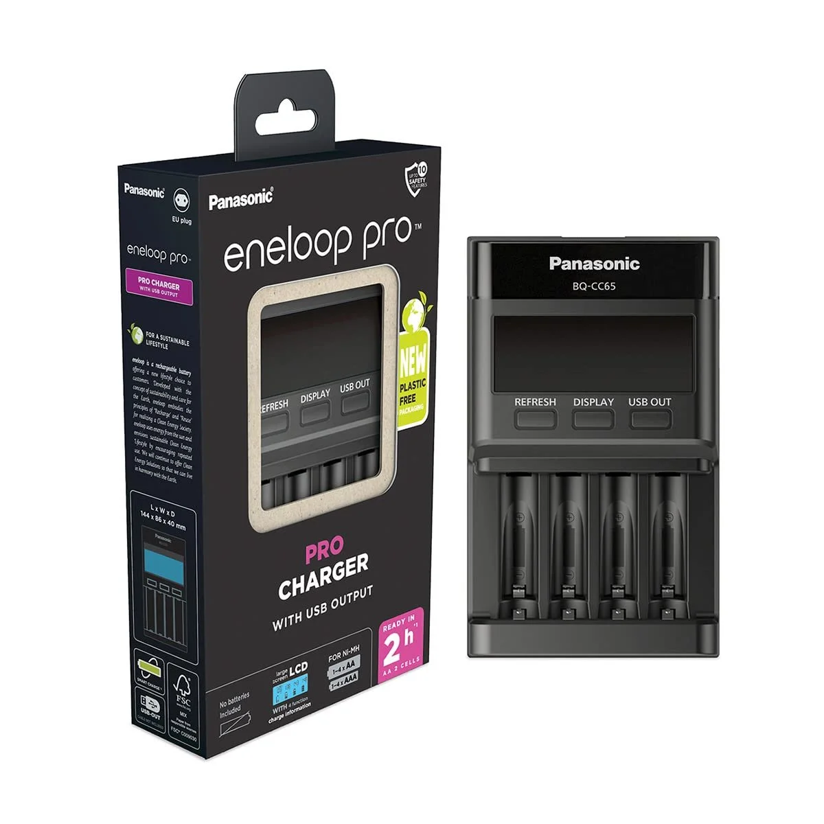 Зарядний пристрій Panasonic eneloop Pro BQ-CC65E для 1–4 AA/AAA NI-MH акумуляторів з USB виходом, LCD-дисплеєм, функцією відновлення, чорний, фото №1