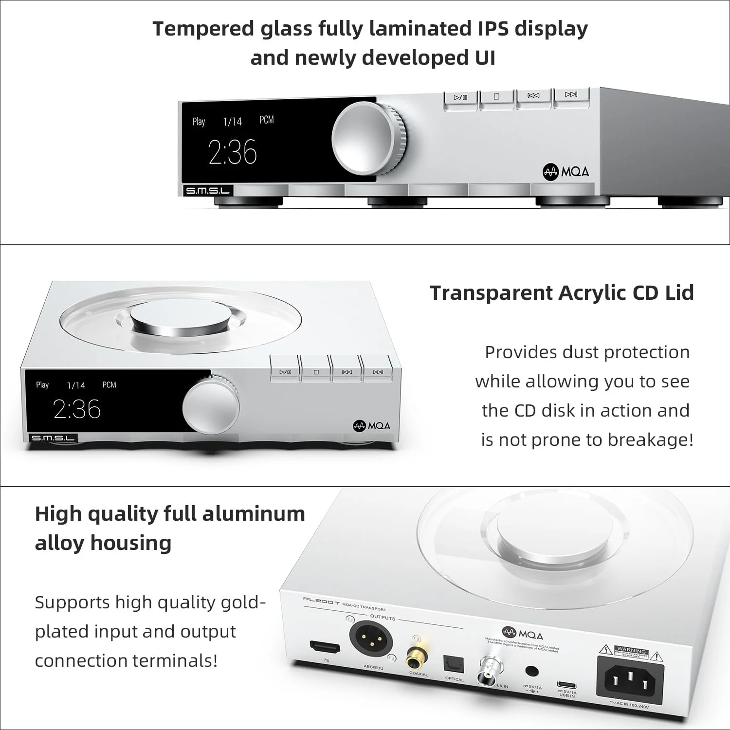 CD-проигрыватель SMSL PL200T MQA-CD HiFi декодер 32 бит/768 кГц DSD512 Оптический/Коаксиальный/I²S/AES выход Профессиональный вход тактового генератора Домашняя/Студийная аудиосистема Прозрачная пылезащитная крышка, фото №8