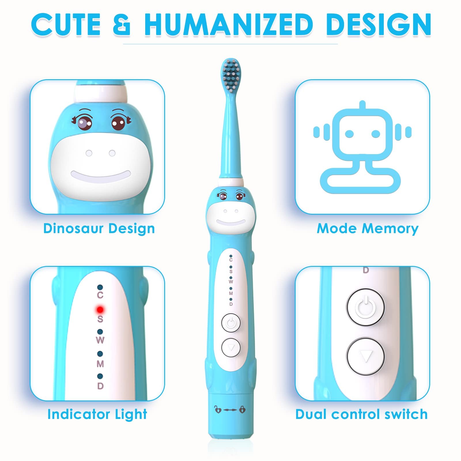 Дитяча електрична звукова зубна щітка CHAIN Peak Dinosaur 5 режимів таймер 2 хвилини, фото №6