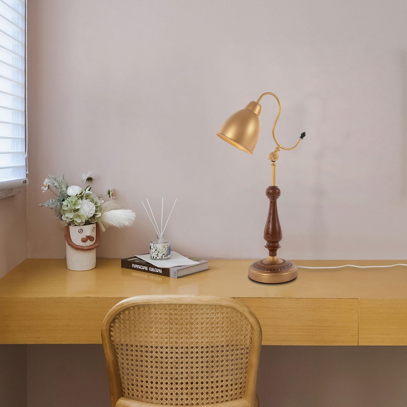 Настільна лампа 40 Вт золота ретро залізо дерево горіх мідь E26, фото №6