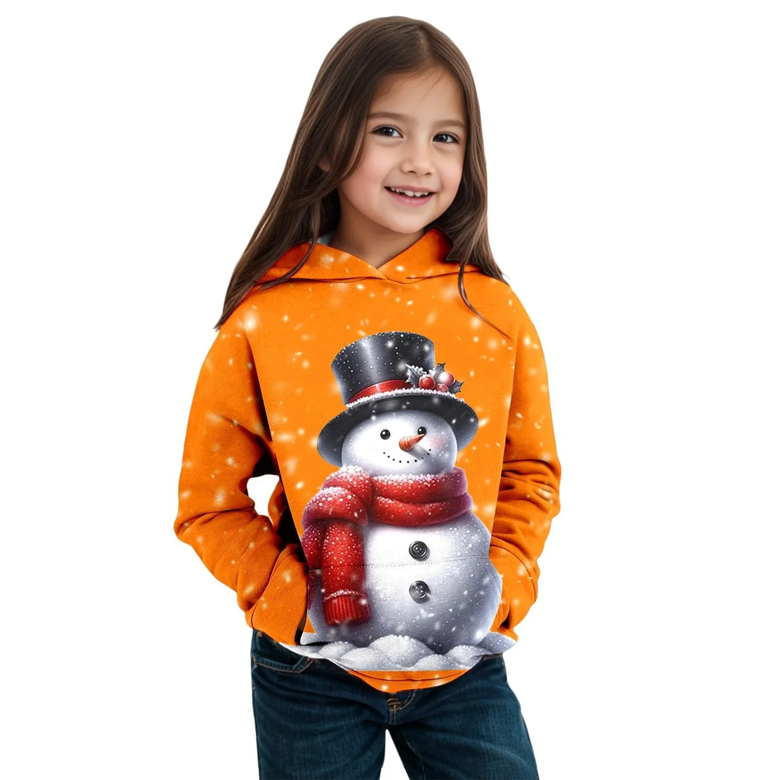 Толстовка для девочки M		chen 152 - Осенне-зимняя рождественская тема Снеговик Толстовка с длинными рукавами и капюшоном Теплая куртка для девочки, фото №1