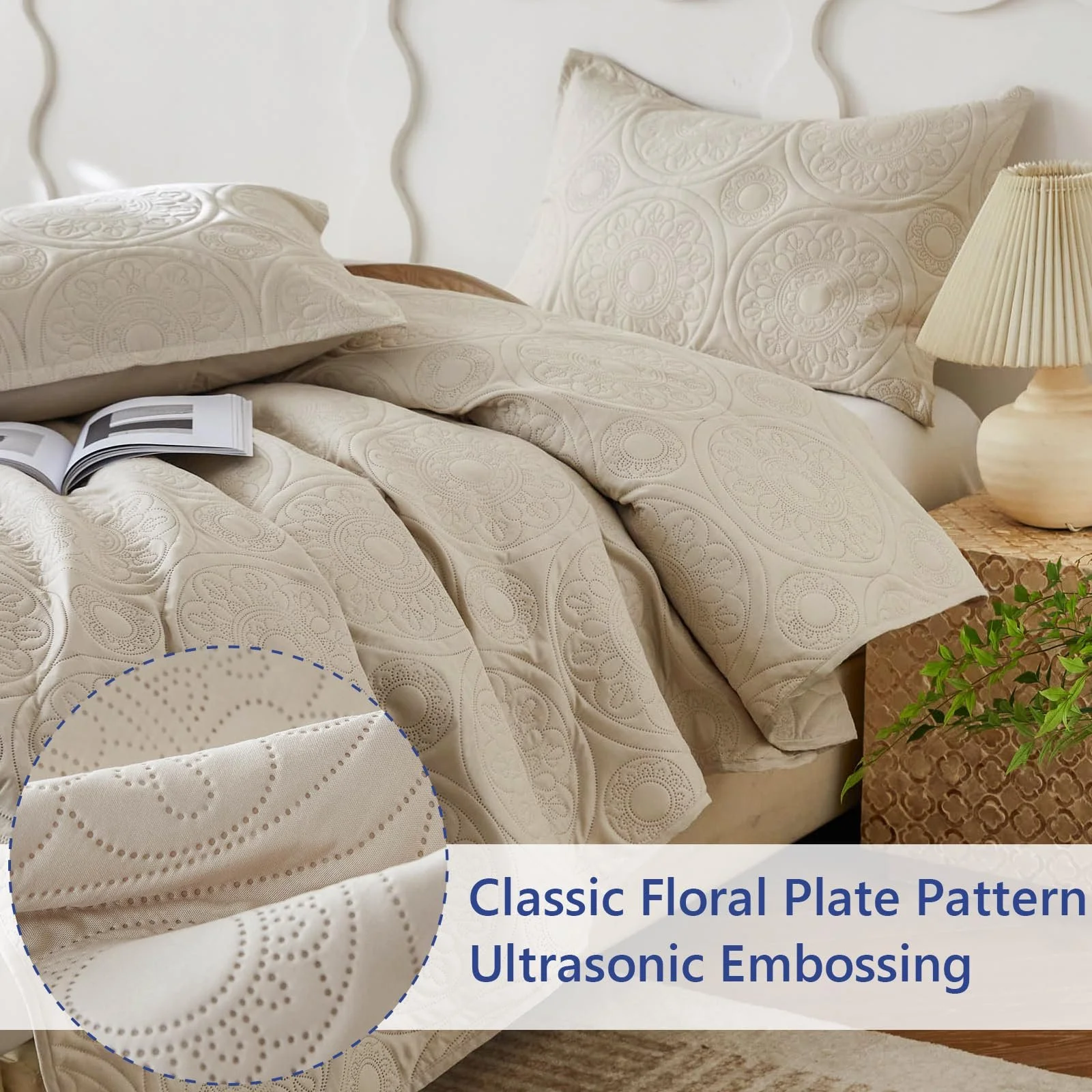 Покрывало стеганое Simple&Opulence Двуспальный Мягкий Двусторонний Микрофибра Цветочный Бежевый (220 x 240 см, 3 шт), фото №7