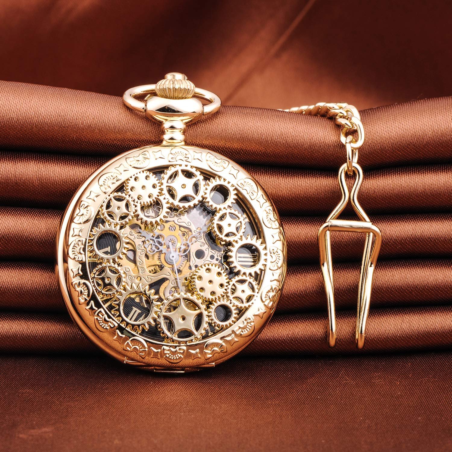 Механічний кишеньковий годинник Unendlich U, вінтаж, серія Steampunk Gears, скелетон, римські цифри, циферблат, корпус з нержавіючої сталі, фото №3