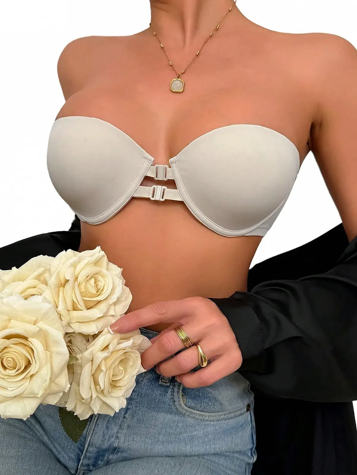 Бюстгальтер GORGLITTER Strapless Bra Push Up на косточках с передней застежкой без спинки без бретелек бесшовный, фото №4