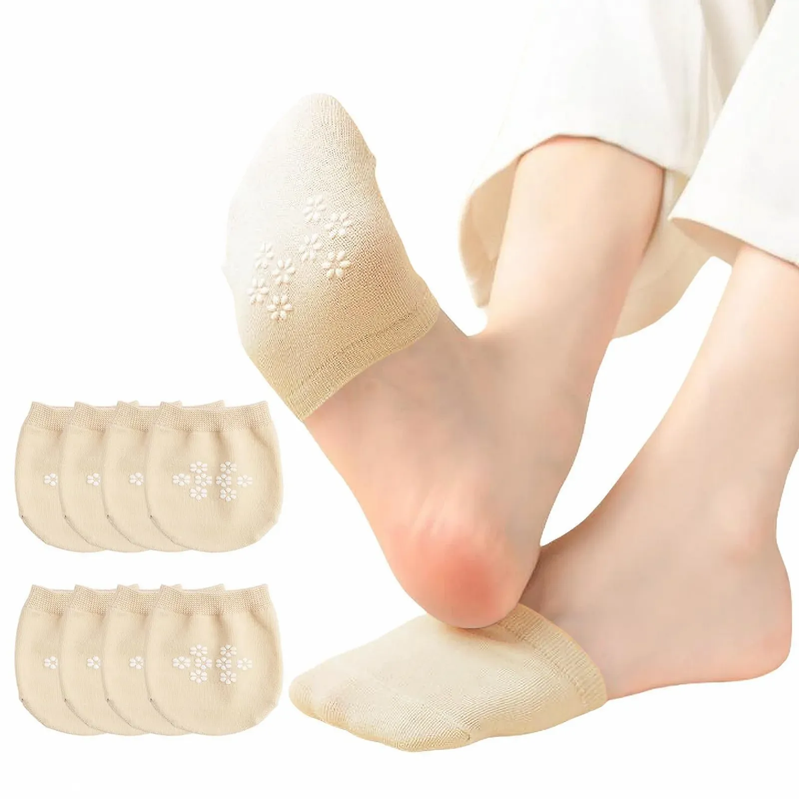 Носки для пальцев женские 4 пары, Накладки на пальцы ног, Нескользящие носки на переднюю часть стопы, Дышащие невидимые полуноски, для высоких каблуков и балеток, Дышащие и удобные, Телесный цвет, фото №1