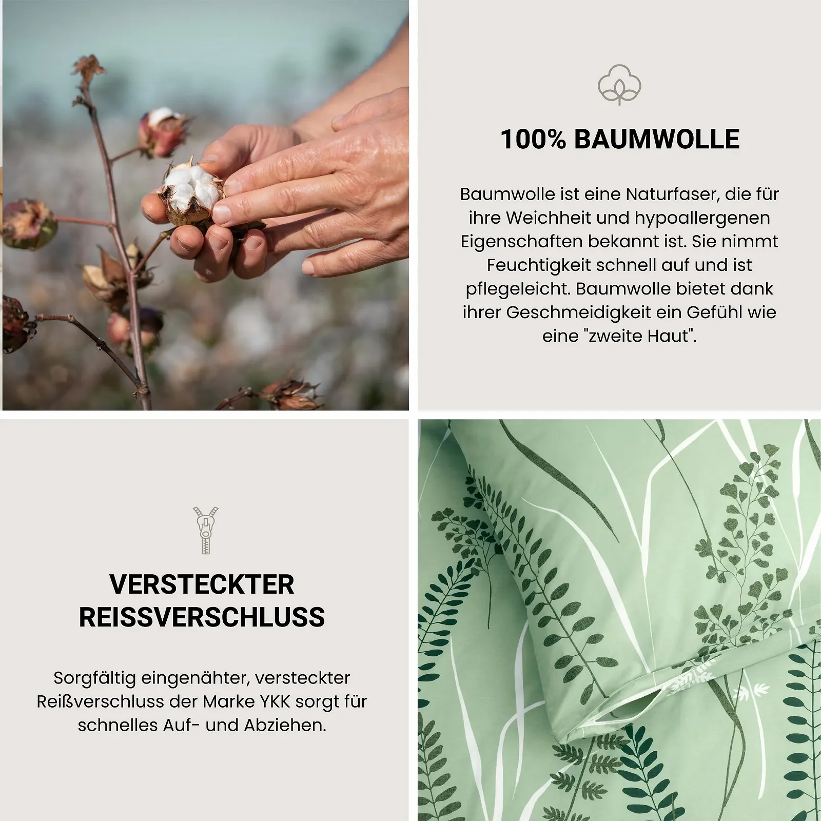 Комплект постільної білизни Schiesser Annic 2 предмети квітковий принт Renforcé 100% бавовна Öko-Tex на блискавці 135 x 200 см + 80 x 80 см зелений, фото №3