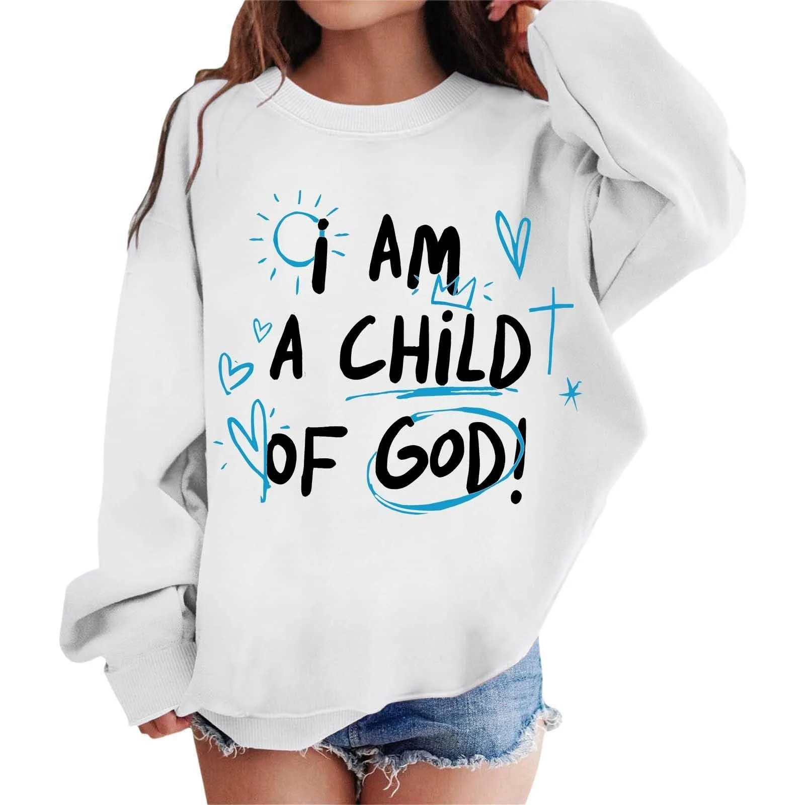 Джемпер Generisch с графическим принтом для девочки, круглый вырез, длинные рукава, милый свитер с приспущенными плечами, фото №1