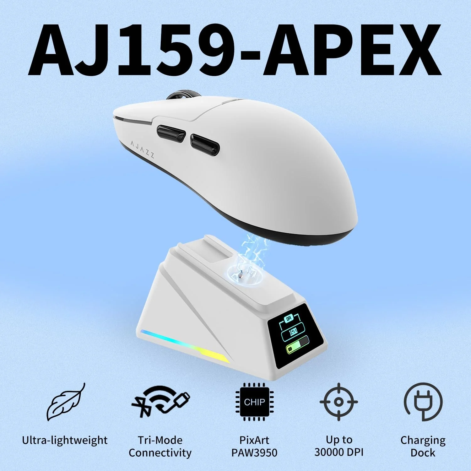 Ігрова миша AJAZZ AJ159 APEX Wireless RGB Magnetic Charging Base 56 г 2.4G/USB-C/BT 42K DPI 8000 Гц Біла, фото №2