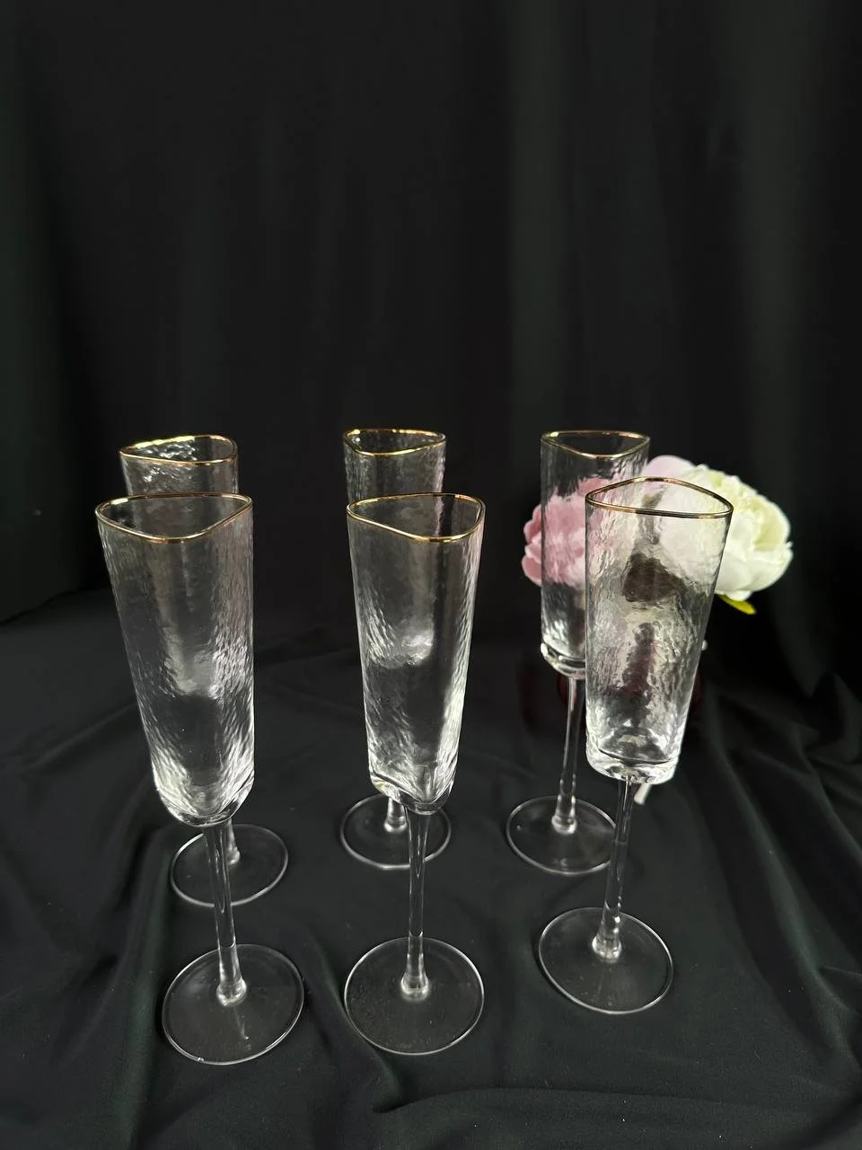 Бокали для шампанского 6 шт з золотою оконтовкою. Крижане скло, фото №1