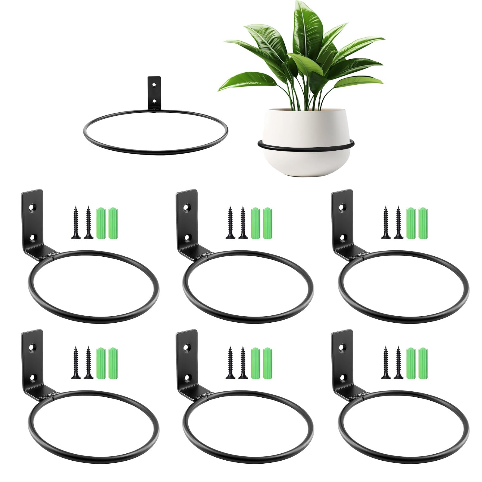 Настінний тримач для квіткових горщиків набір 6 шт 11 см з гвинтами чорний, фото №1