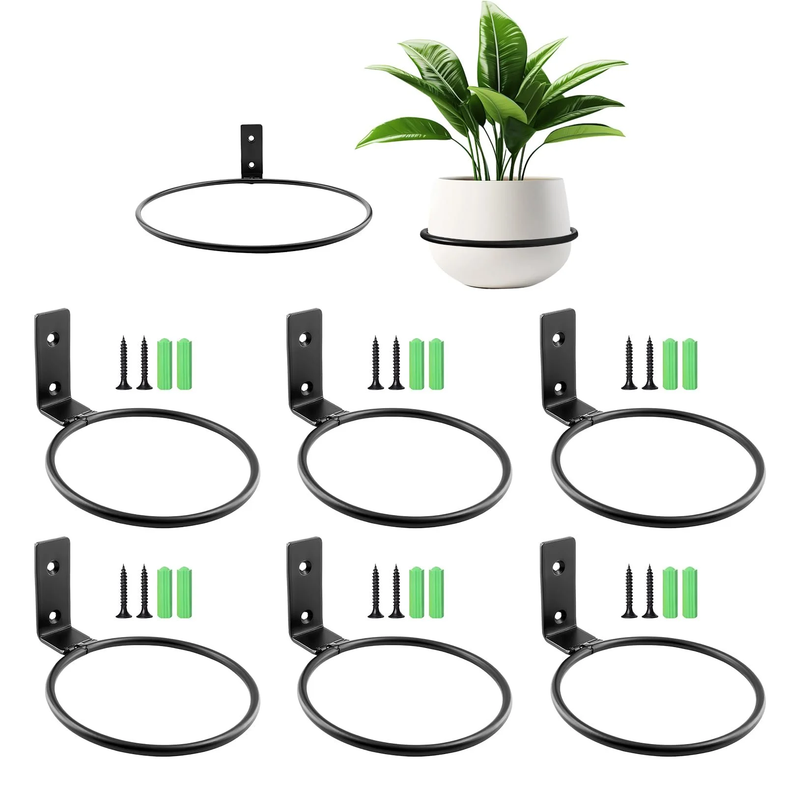 Настенный держатель для цветочных горшков набор 6 шт 11 см с винтами черный, фото №1