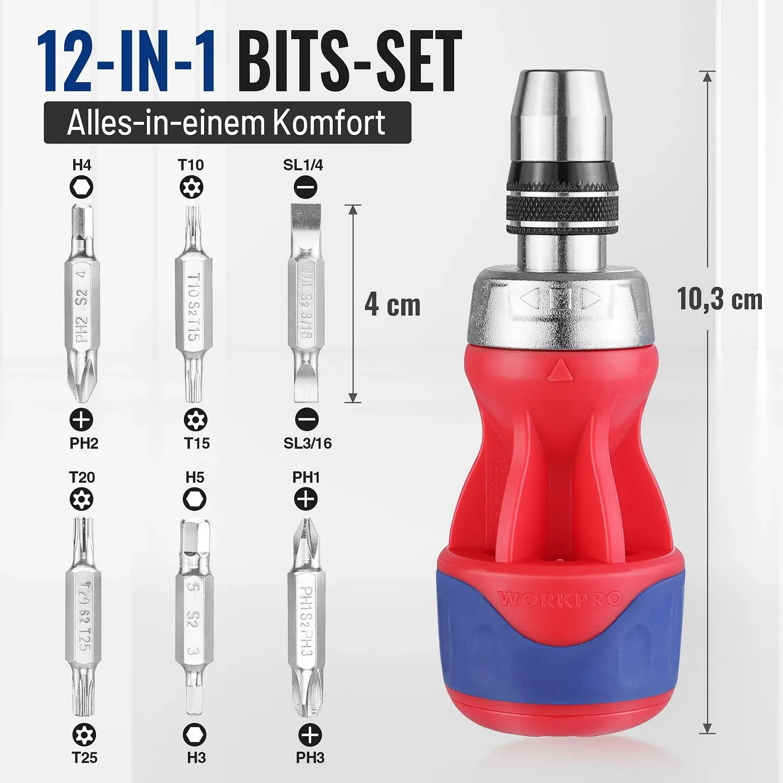 Міні-викрутка реверсивна WORKPRO 12-в-1 магнітна зі сталлю S2, фото №3